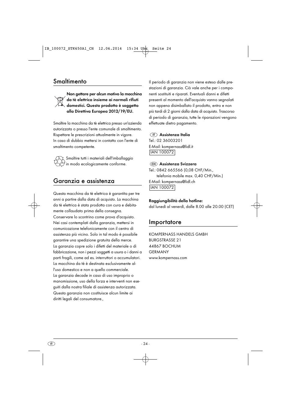 Smaltimento, Garanzia e assistenza, Importatore | Silvercrest STK 650 A1 User Manual | Page 27 / 36