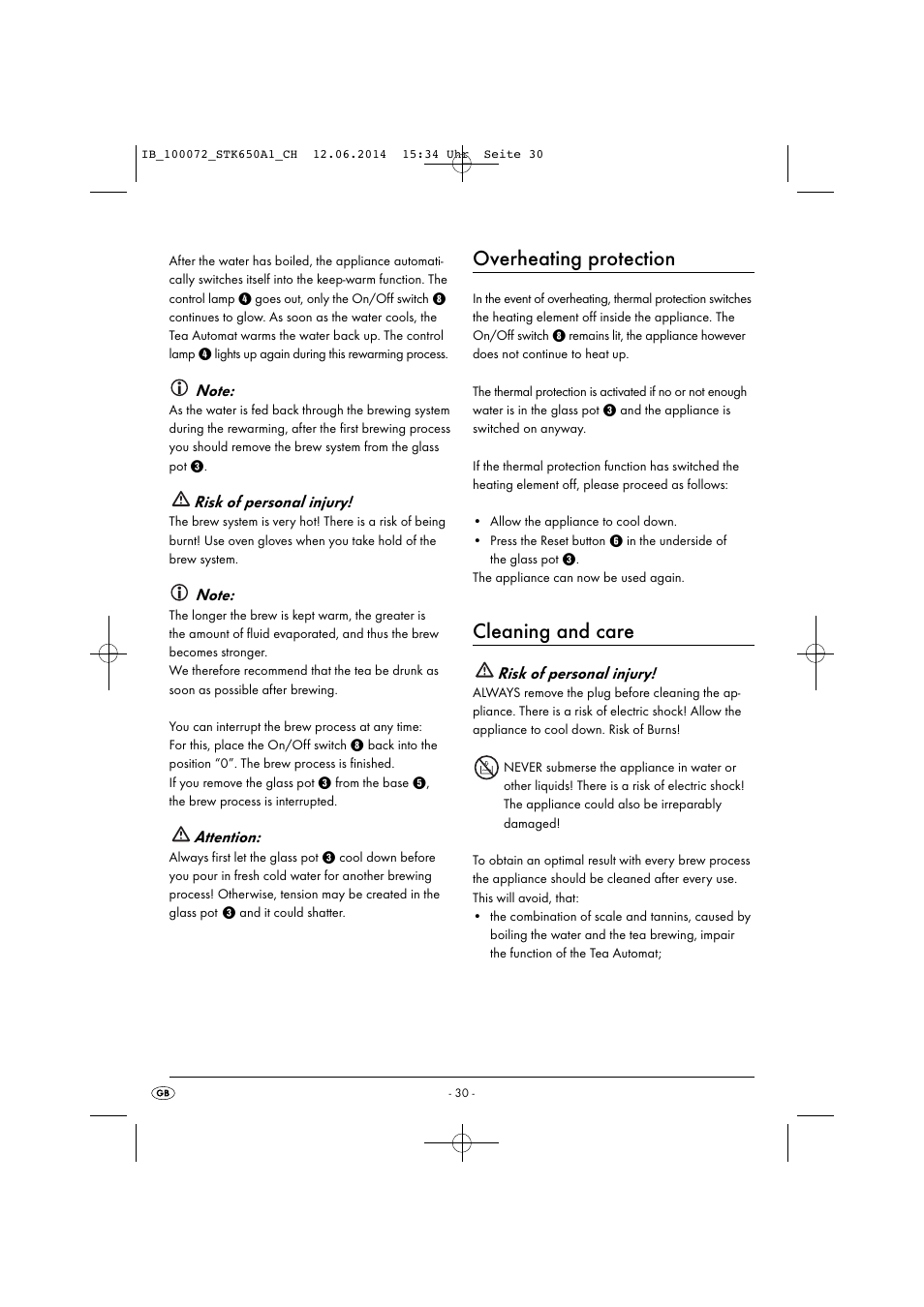 Overheating protection, Cleaning and care | Silvercrest STK 650 A1 User Manual | Page 33 / 36