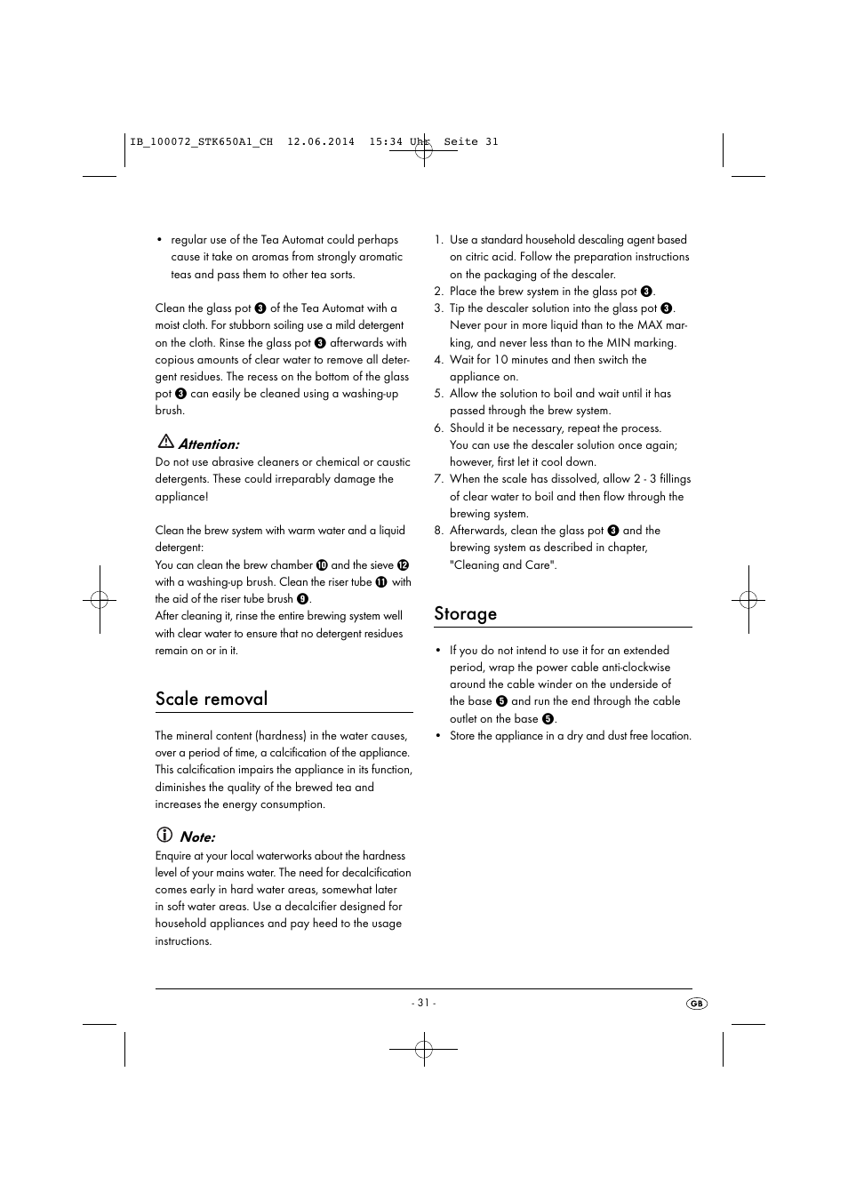 Scale removal, Storage, Attention | Silvercrest STK 650 A1 User Manual | Page 34 / 36