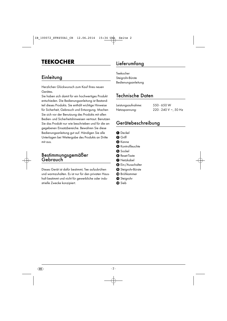 Teekocher, Einleitung, Bestimmungsgemäßer gebrauch | Lieferumfang, Technische daten, Gerätebeschreibung | Silvercrest STK 650 A1 User Manual | Page 5 / 36