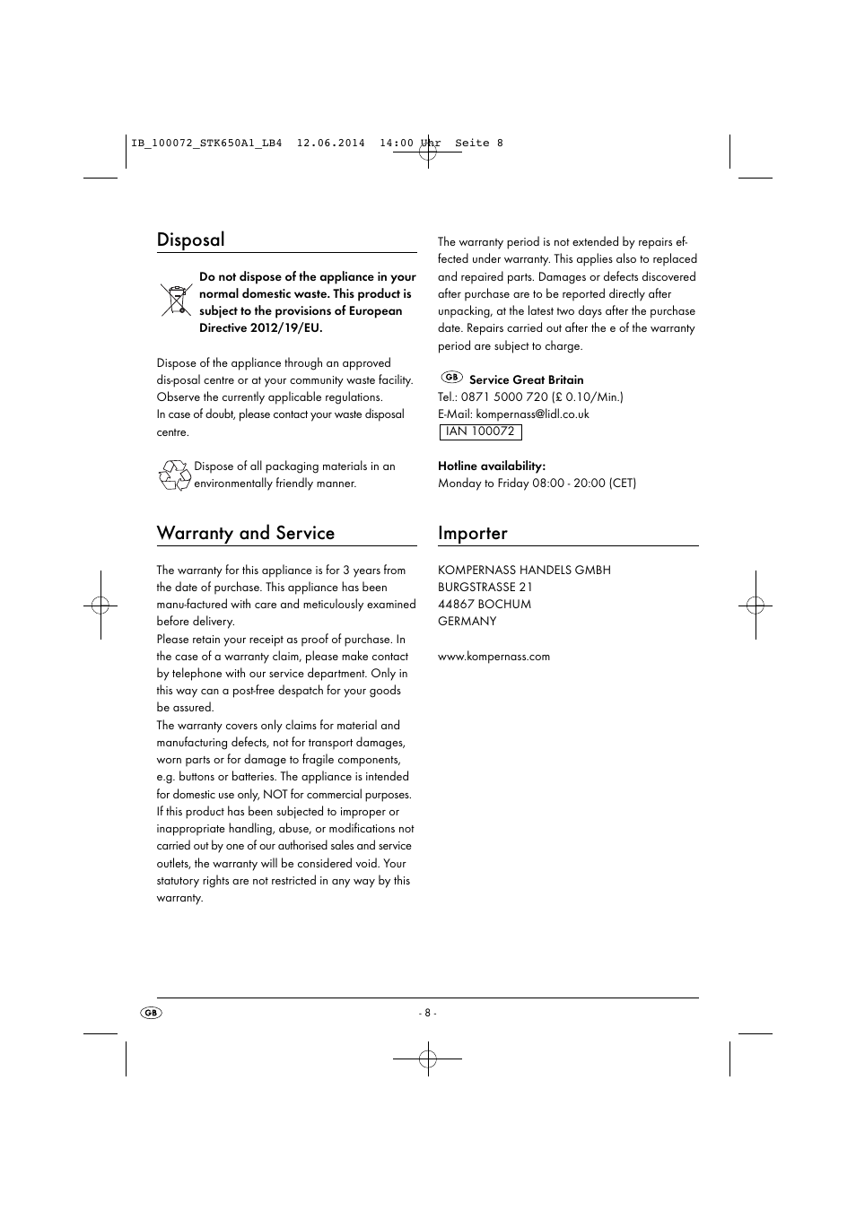 Disposal, Warranty and service, Importer | Silvercrest STK 650 A1 User Manual | Page 11 / 52