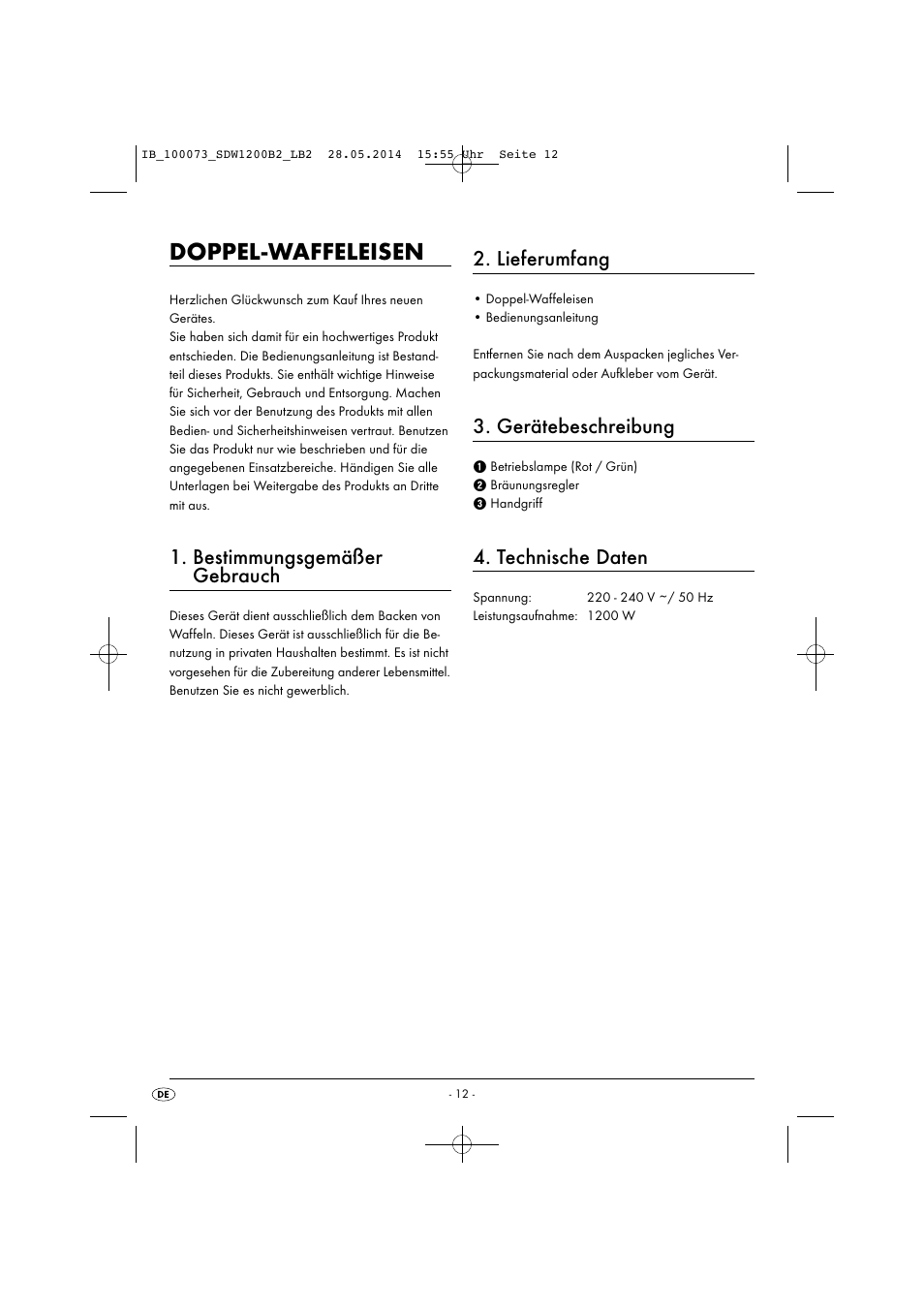 Doppel-waffeleisen, Bestimmungsgemäßer gebrauch, Lieferumfang | Gerätebeschreibung, Technische daten | Silvercrest SDW 1200 B2 User Manual | Page 15 / 33