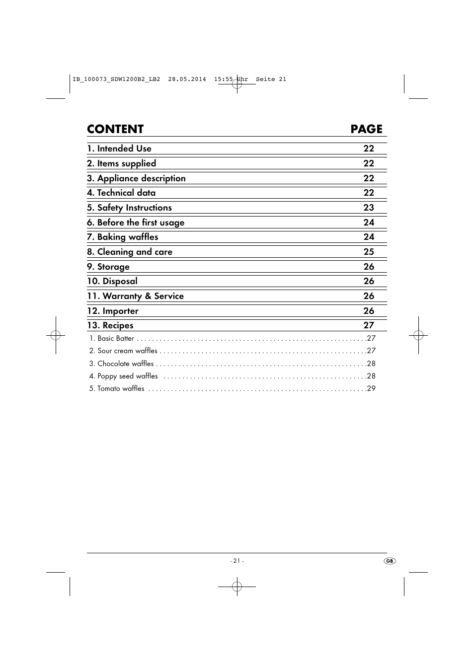Content page | Silvercrest SDW 1200 B2 User Manual | Page 24 / 33