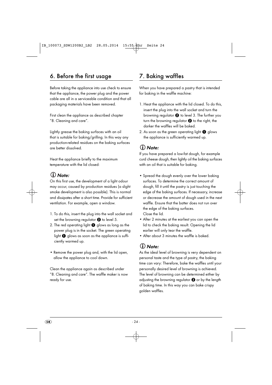 Before the first usage, Baking waffles | Silvercrest SDW 1200 B2 User Manual | Page 27 / 33