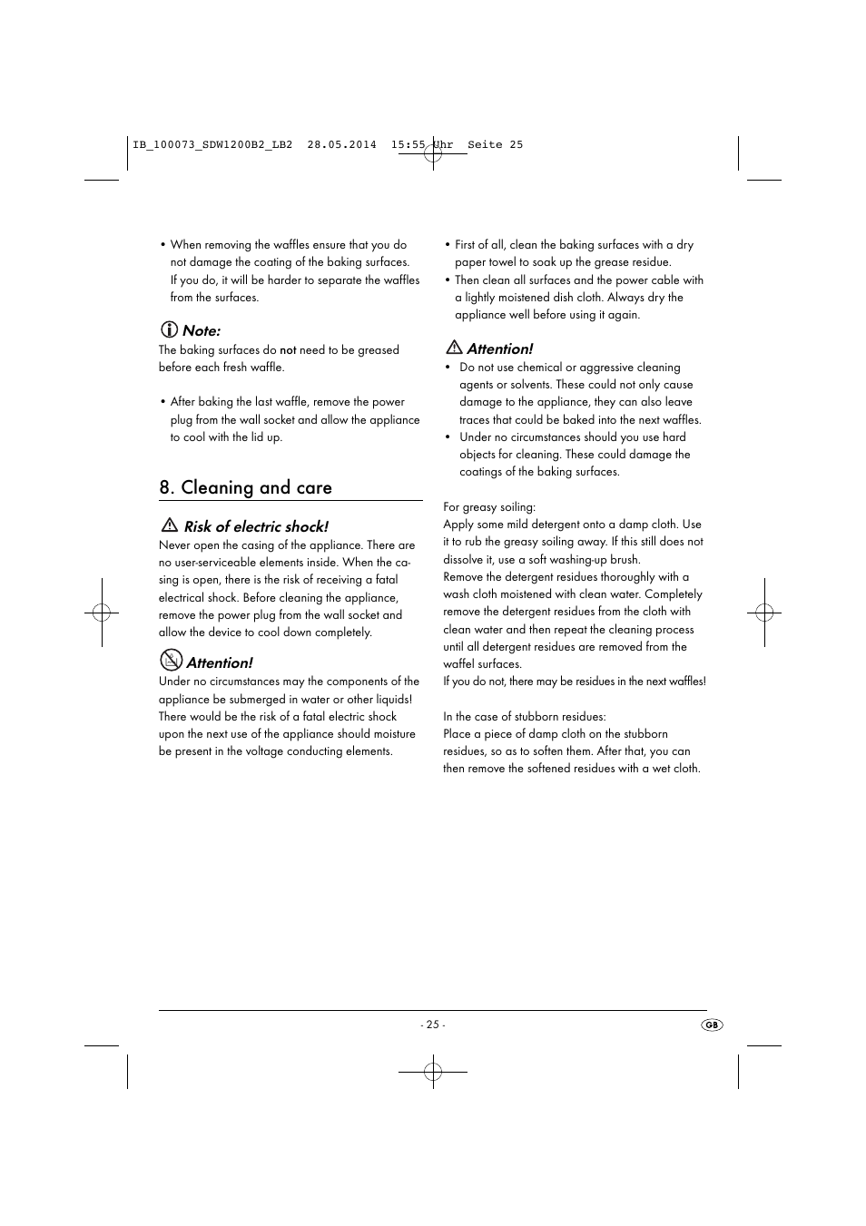 Cleaning and care, Risk of electric shock, Attention | Silvercrest SDW 1200 B2 User Manual | Page 28 / 33