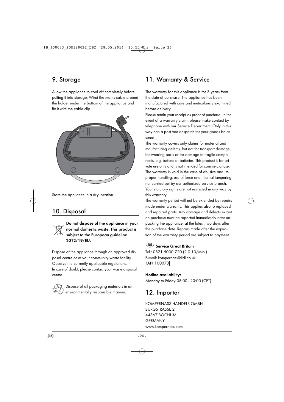 Storage, Disposal, Warranty & service | Importer | Silvercrest SDW 1200 B2 User Manual | Page 29 / 33