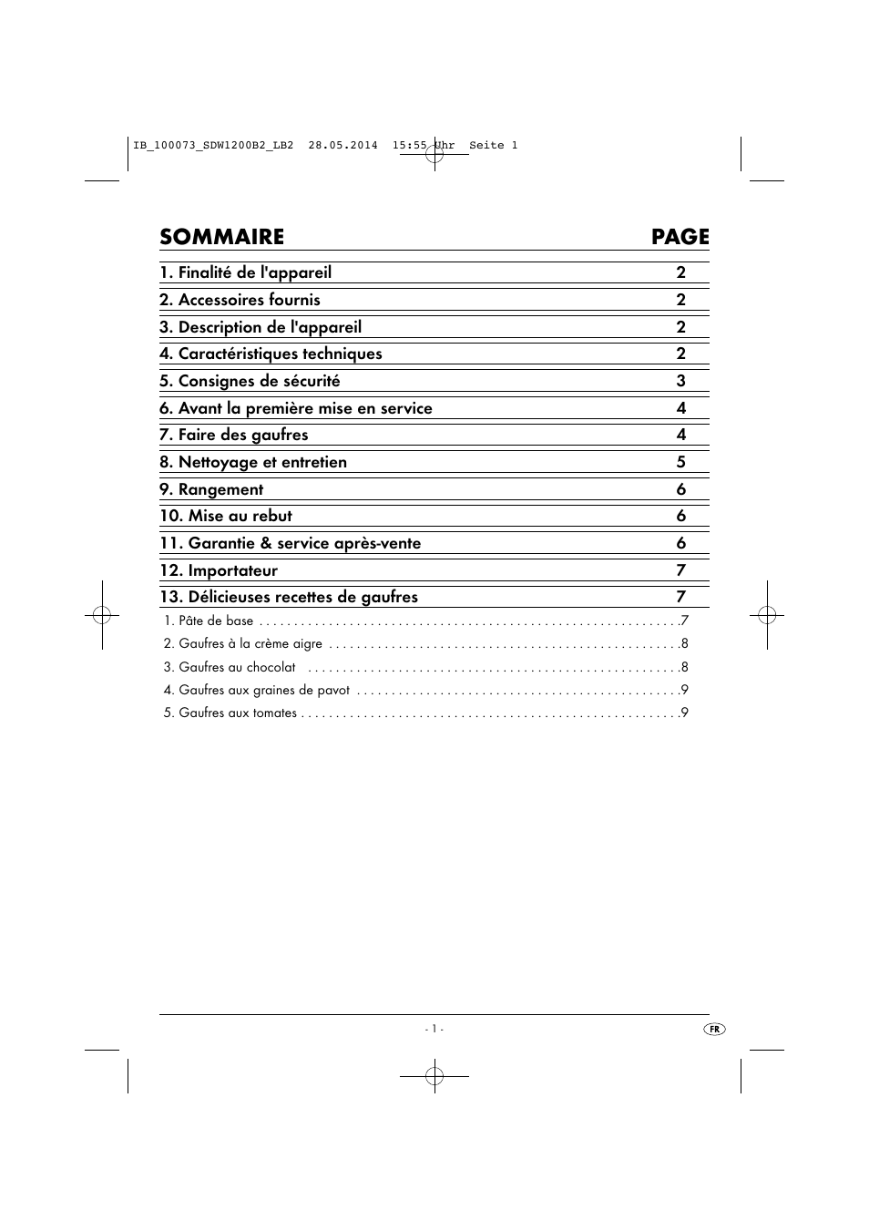 Sommaire page | Silvercrest SDW 1200 B2 User Manual | Page 4 / 33