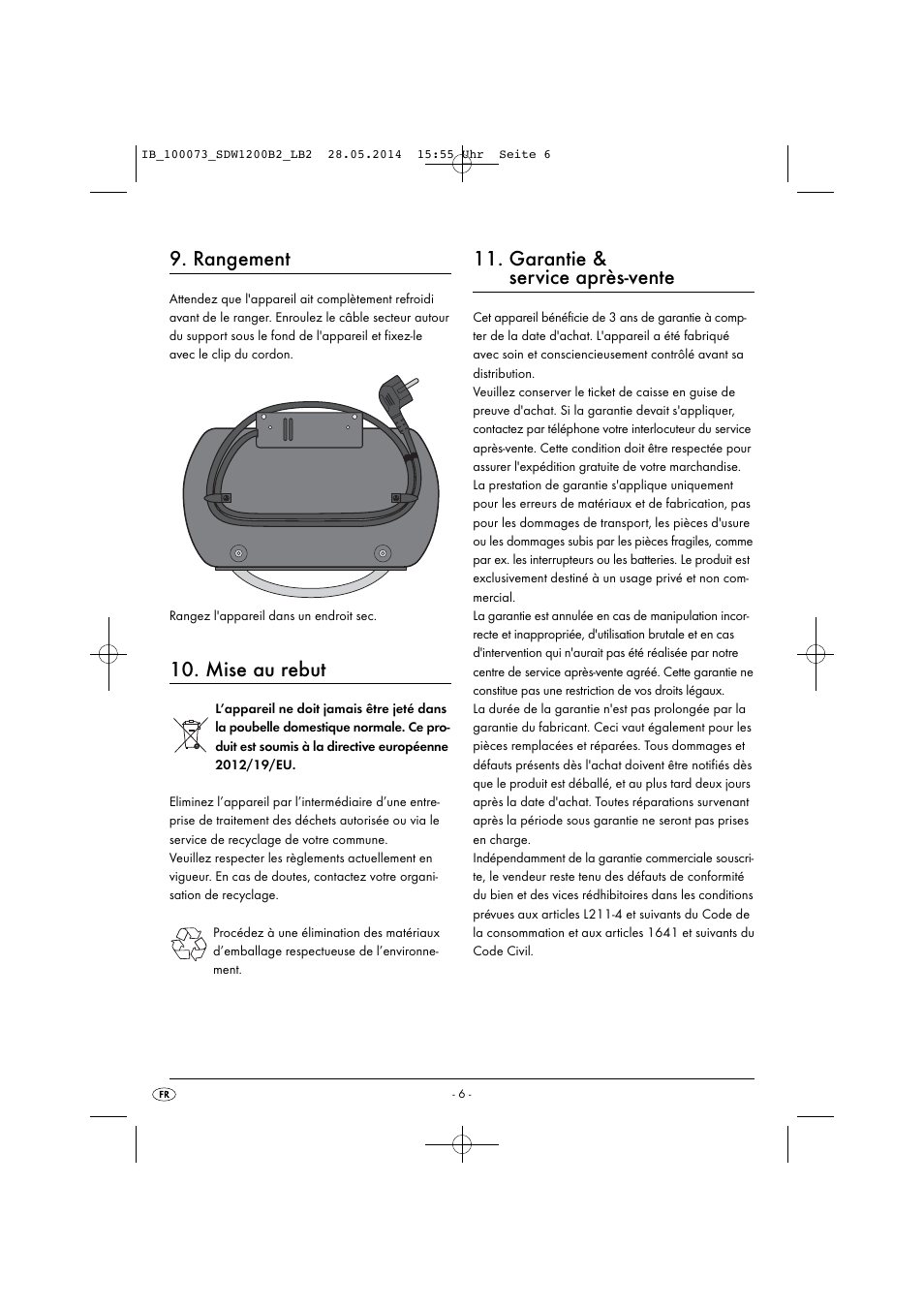 Rangement, Mise au rebut, Garantie & service après-vente | Silvercrest SDW 1200 B2 User Manual | Page 9 / 33