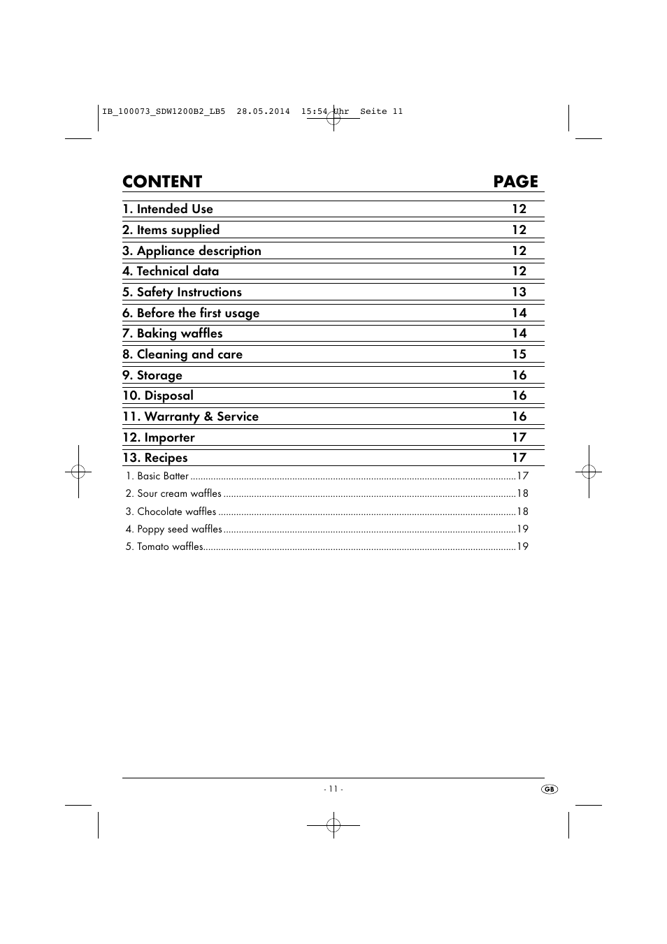 Content page | Silvercrest SDW 1200 B2 User Manual | Page 14 / 33