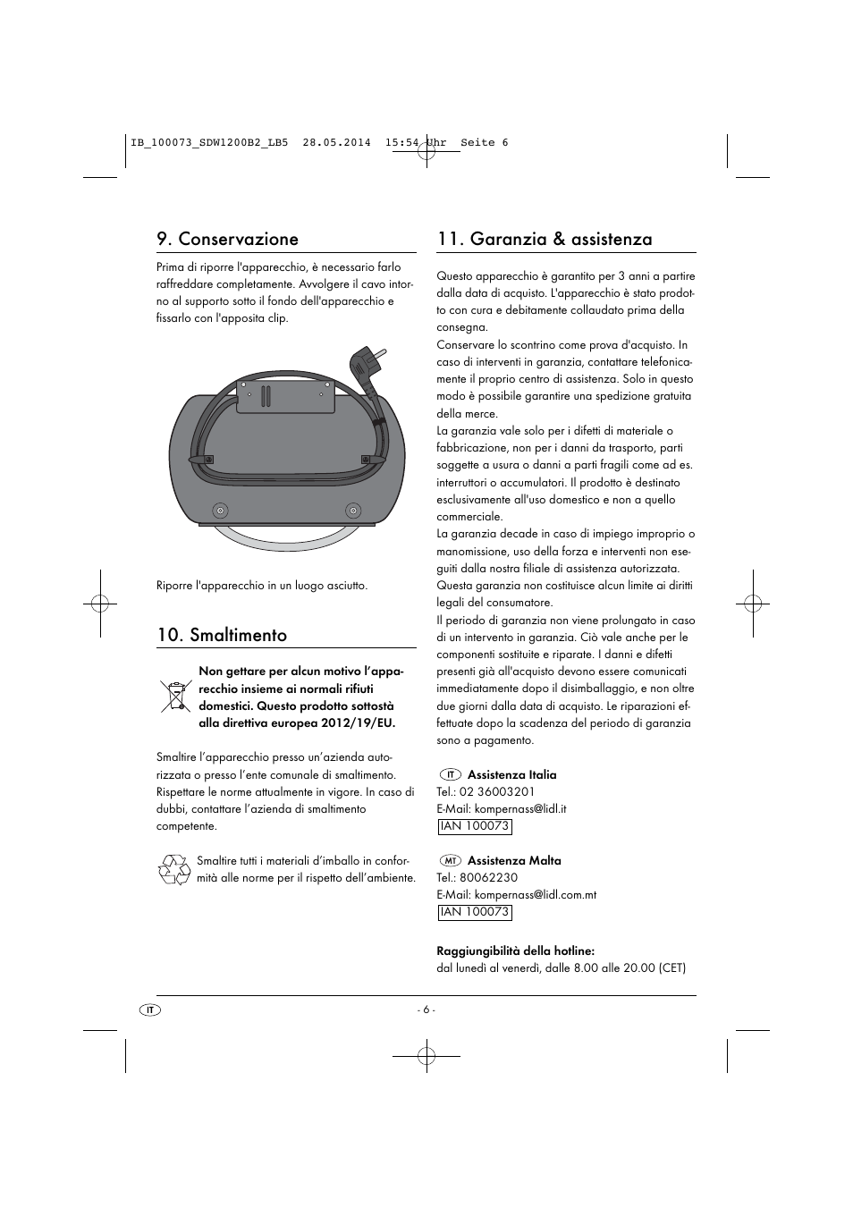 Conservazione, Smaltimento, Garanzia & assistenza | Silvercrest SDW 1200 B2 User Manual | Page 9 / 33