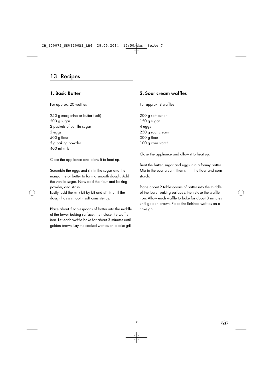 Recipes, Basic batter, Sour cream waffles | Silvercrest SDW 1200 B2 User Manual | Page 10 / 53