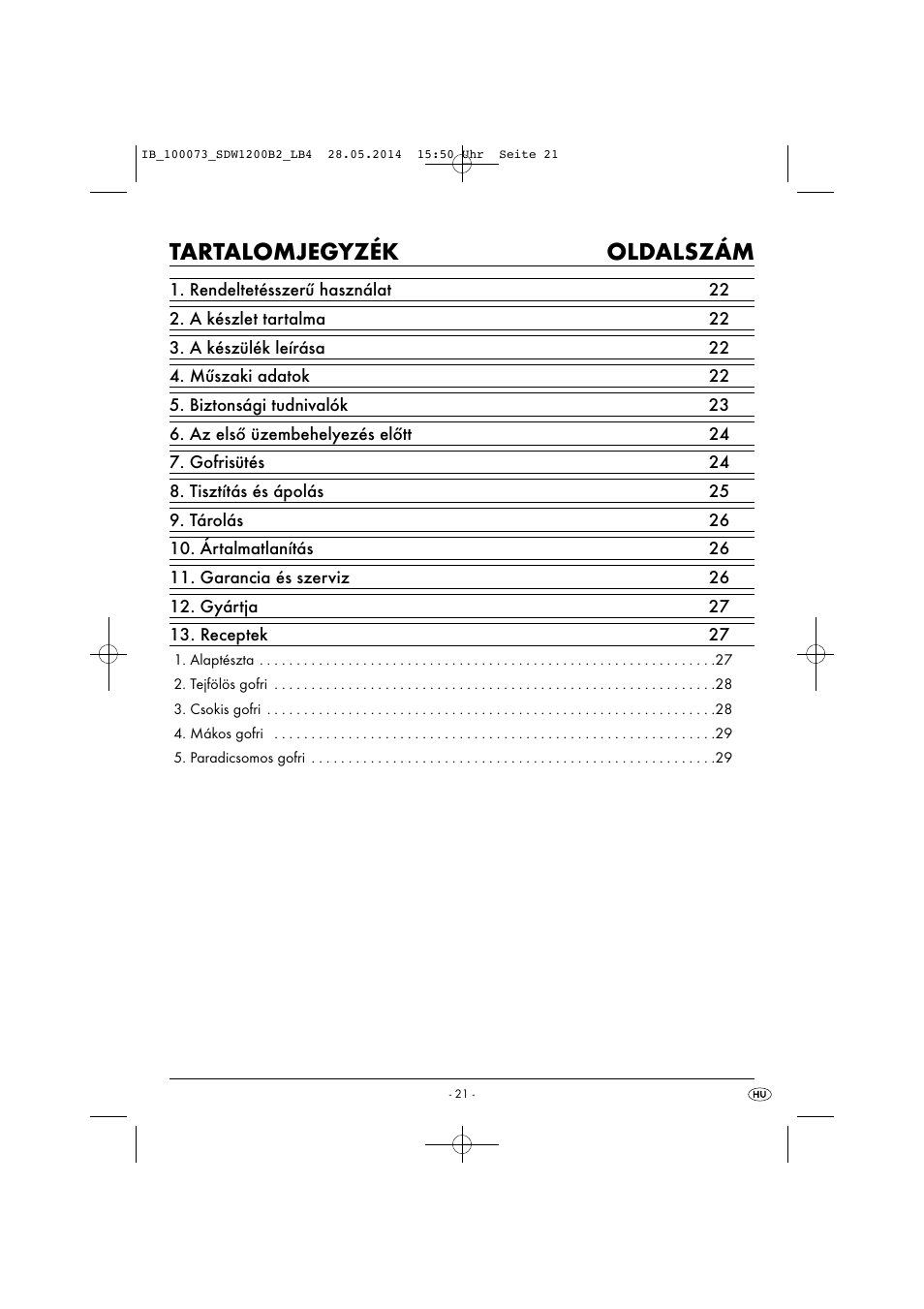 Tartalomjegyzék oldalszám | Silvercrest SDW 1200 B2 User Manual | Page 24 / 53