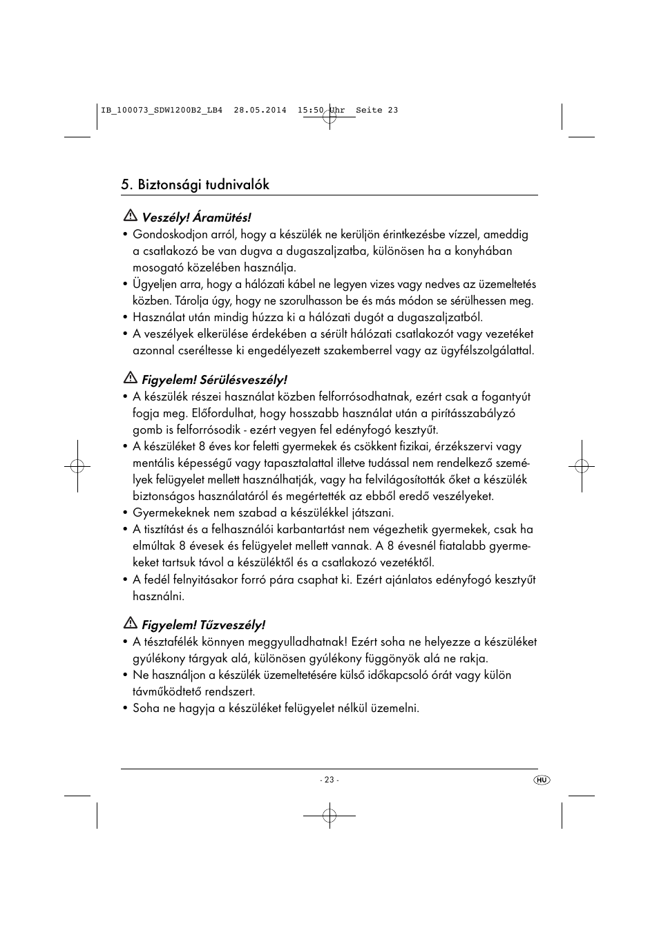 Biztonsági tudnivalók | Silvercrest SDW 1200 B2 User Manual | Page 26 / 53