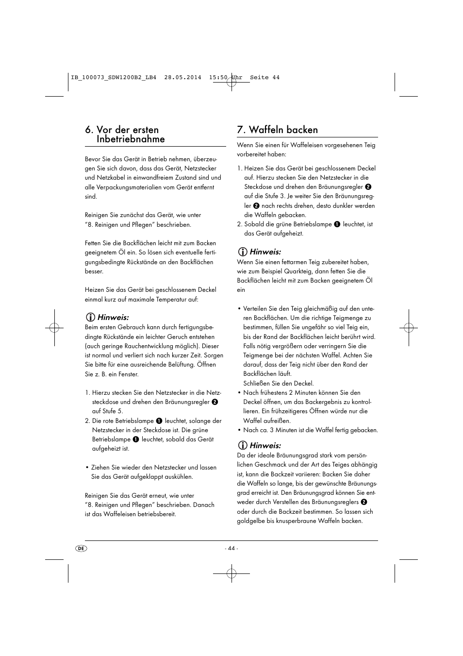 Vor der ersten inbetriebnahme, Waffeln backen, Hinweis | Silvercrest SDW 1200 B2 User Manual | Page 47 / 53