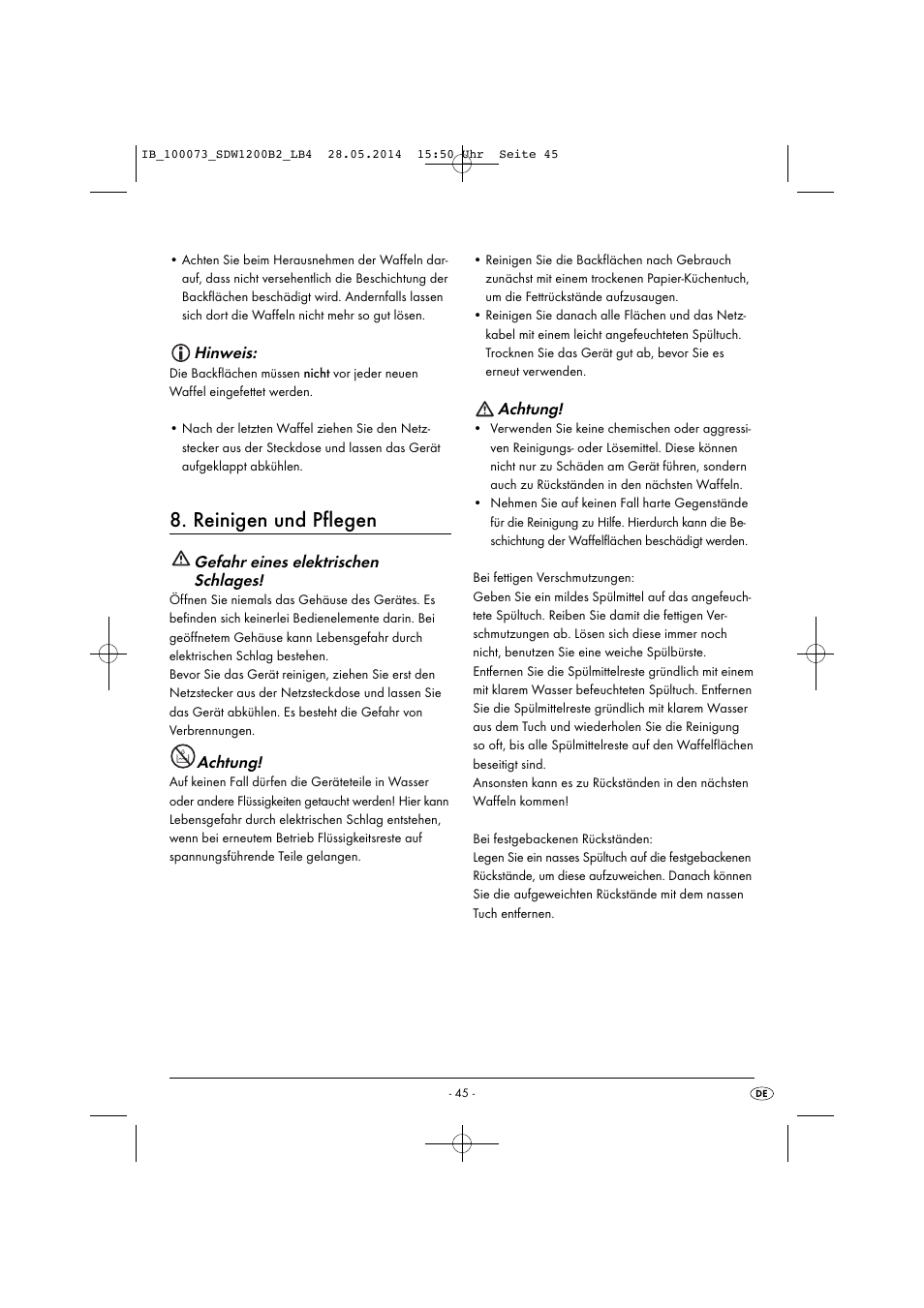 Reinigen und pflegen, Hinweis, Gefahr eines elektrischen schlages | Achtung | Silvercrest SDW 1200 B2 User Manual | Page 48 / 53