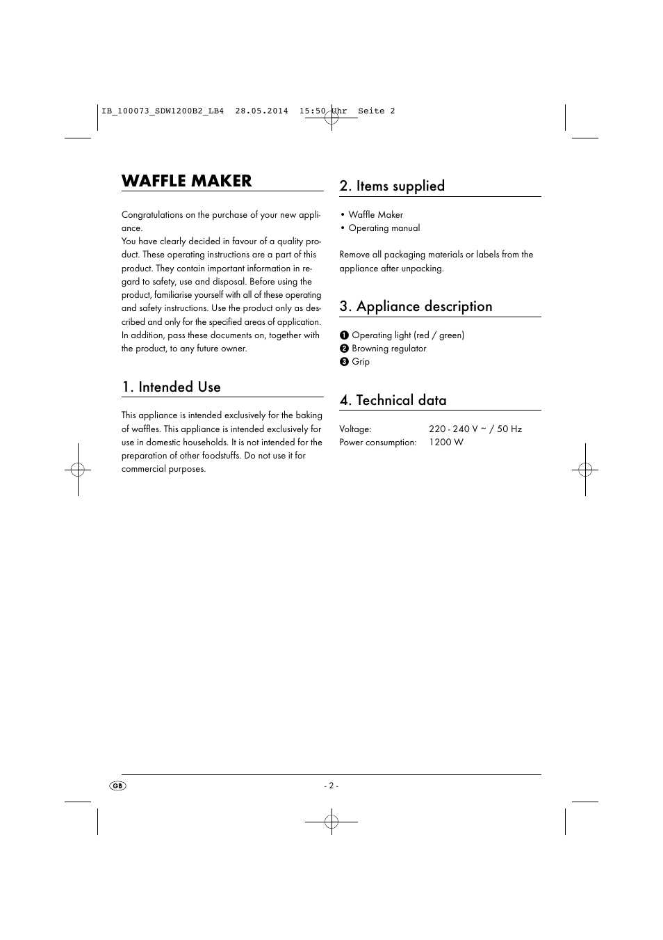 Waffle maker, Intended use, Items supplied | Appliance description, Technical data | Silvercrest SDW 1200 B2 User Manual | Page 5 / 53