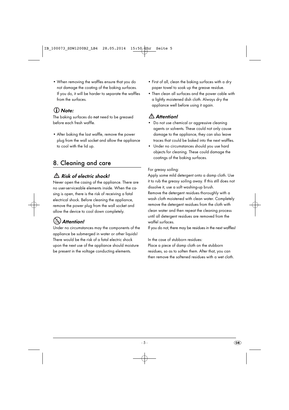 Cleaning and care, Risk of electric shock, Attention | Silvercrest SDW 1200 B2 User Manual | Page 8 / 53