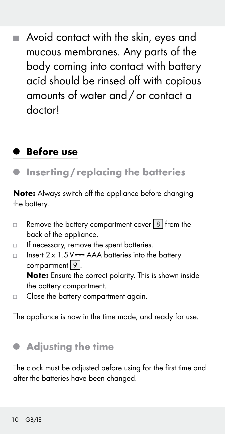 Before use inserting / replacing the batteries, Adjusting the time | Silvercrest Z31183 User Manual | Page 10 / 103