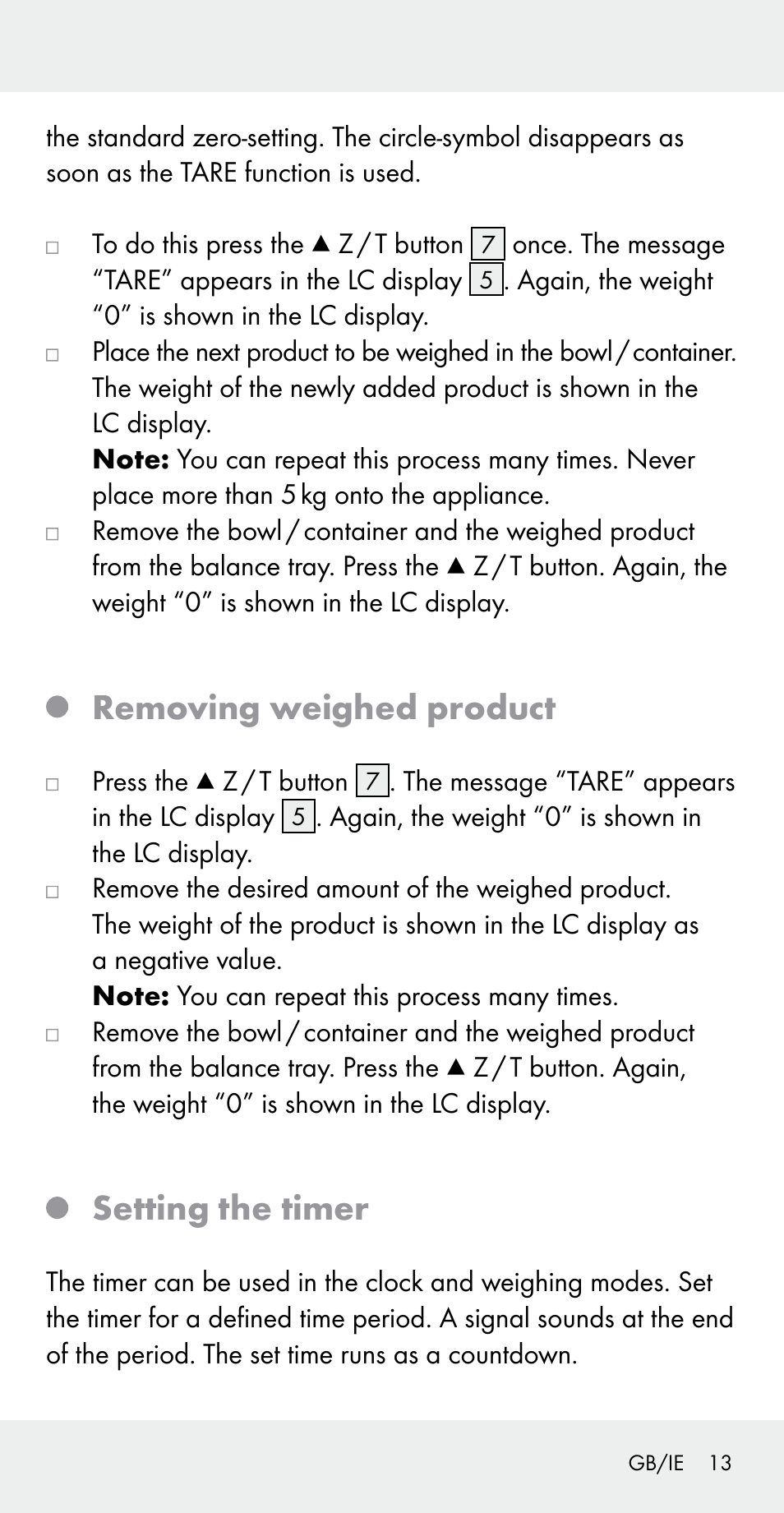 Removing weighed product, Setting the timer | Silvercrest Z31183 User Manual | Page 13 / 103