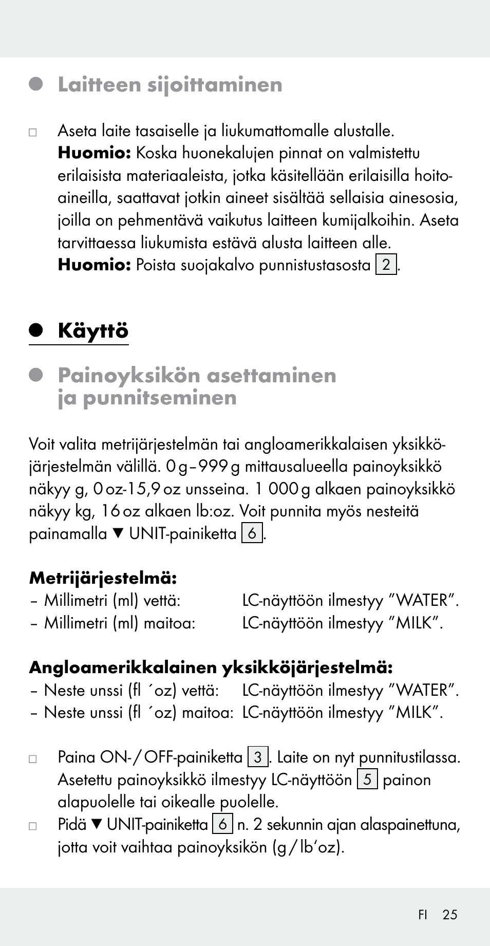 Laitteen sijoittaminen, Käyttö painoyksikön asettaminen ja punnitseminen | Silvercrest Z31183 User Manual | Page 25 / 103
