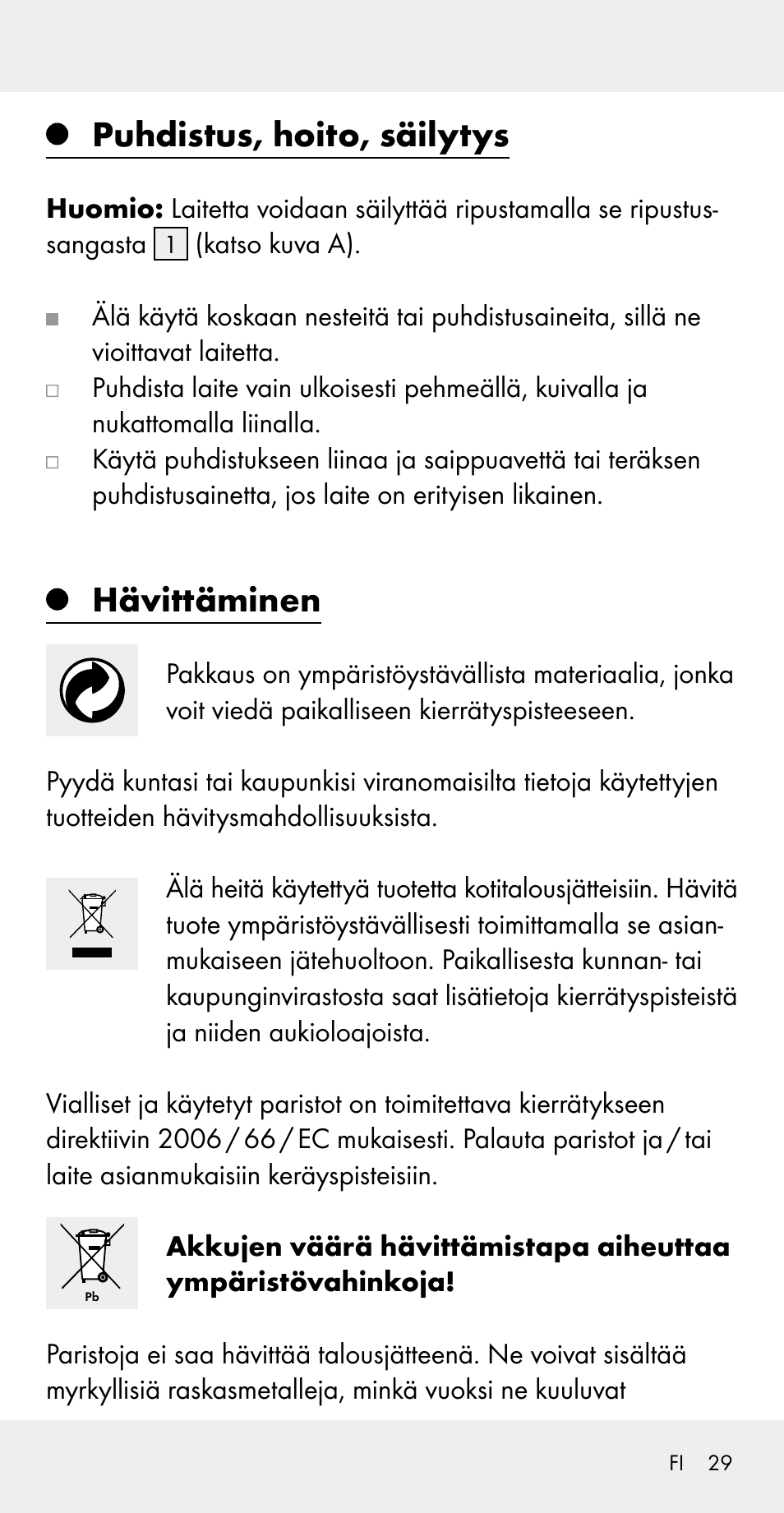 Puhdistus, hoito, säilytys, Hävittäminen | Silvercrest Z31183 User Manual | Page 29 / 103
