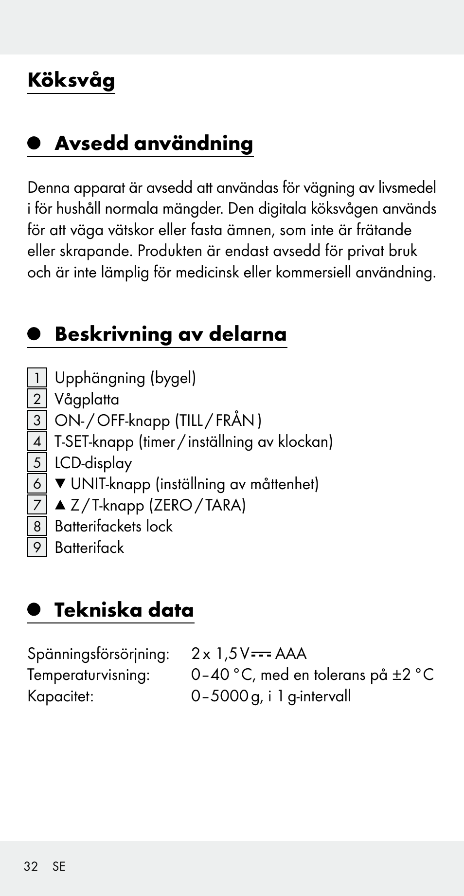 Köksvåg avsedd användning, Beskrivning av delarna, Tekniska data | Silvercrest Z31183 User Manual | Page 32 / 103