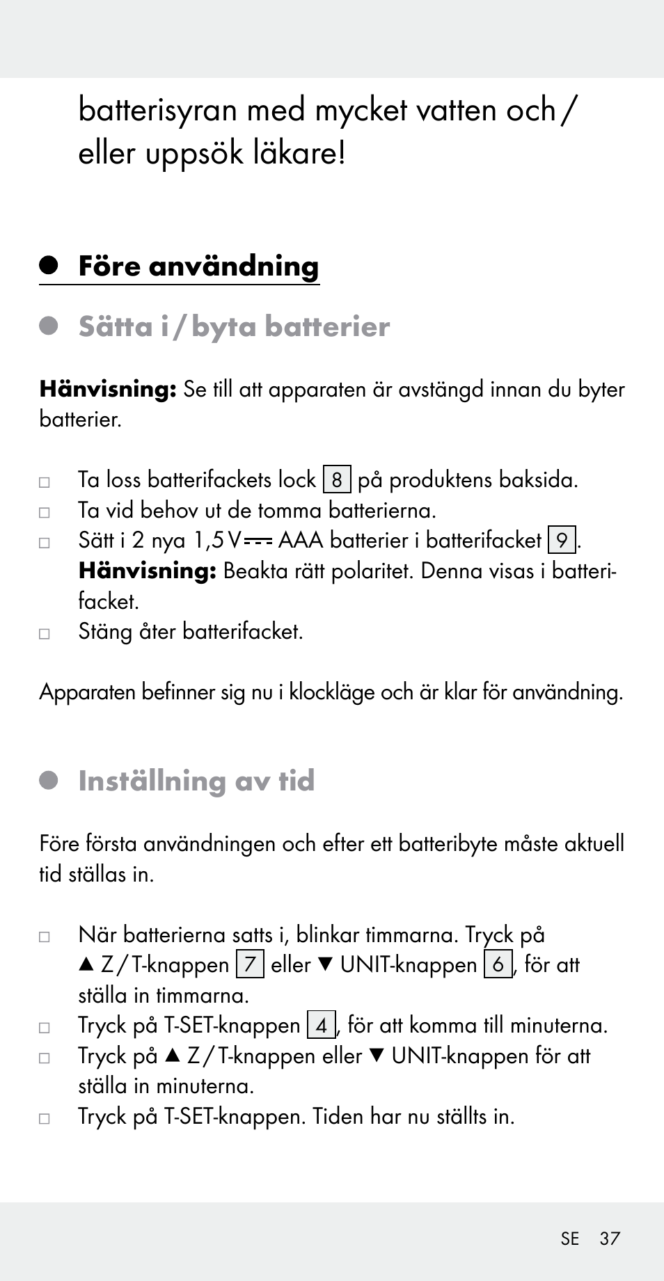 Före användning sätta i / byta batterier, Inställning av tid | Silvercrest Z31183 User Manual | Page 37 / 103