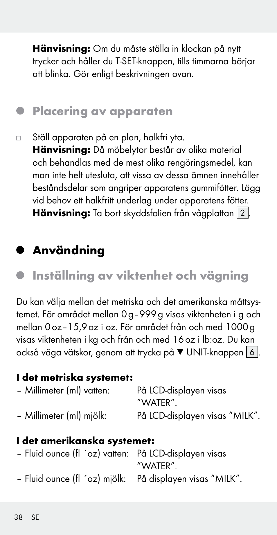 Placering av apparaten, Användning inställning av viktenhet och vägning | Silvercrest Z31183 User Manual | Page 38 / 103
