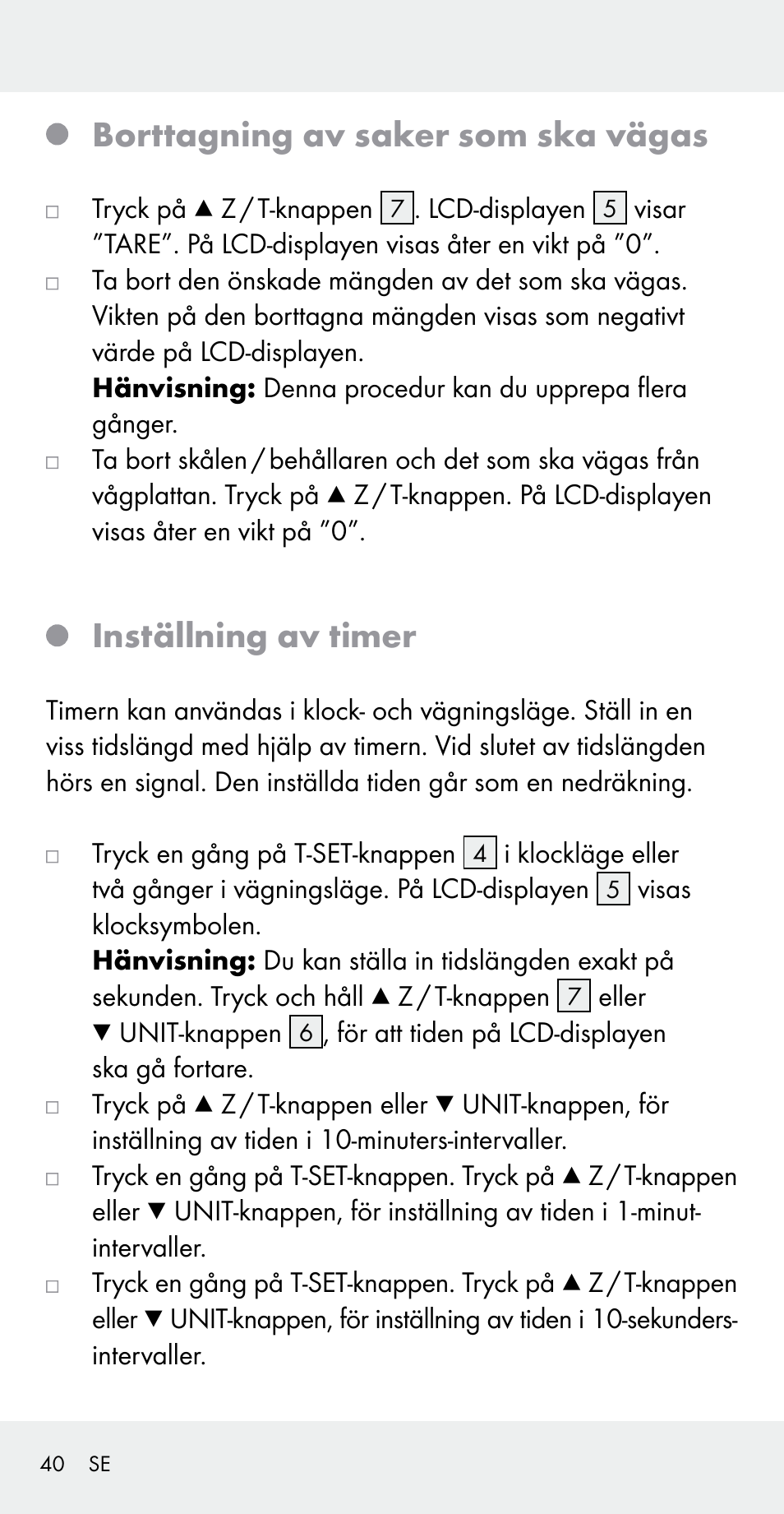 Borttagning av saker som ska vägas, Inställning av timer | Silvercrest Z31183 User Manual | Page 40 / 103