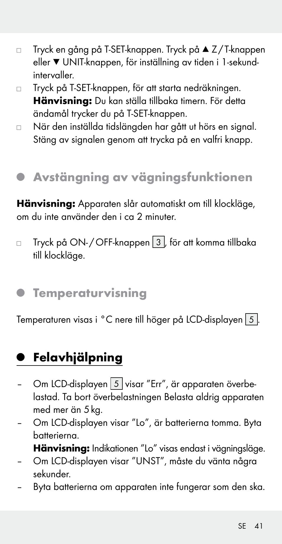 Avstängning av vägningsfunktionen, Temperaturvisning, Felavhjälpning | Silvercrest Z31183 User Manual | Page 41 / 103