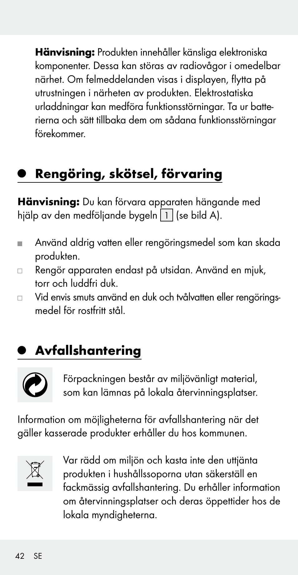 Rengöring, skötsel, förvaring, Avfallshantering | Silvercrest Z31183 User Manual | Page 42 / 103