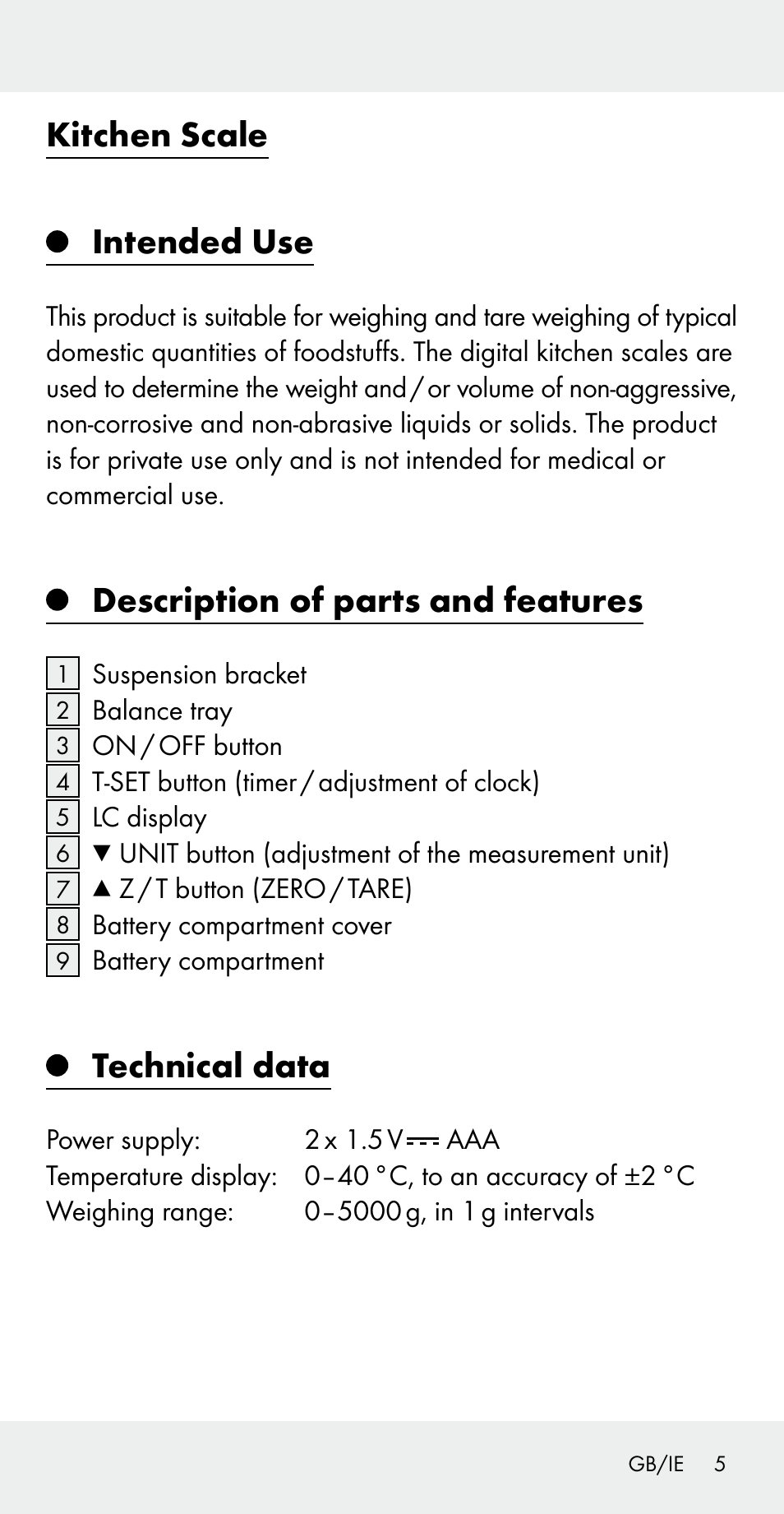 Kitchen scale intended use, Description of parts and features, Technical data | Silvercrest Z31183 User Manual | Page 5 / 103
