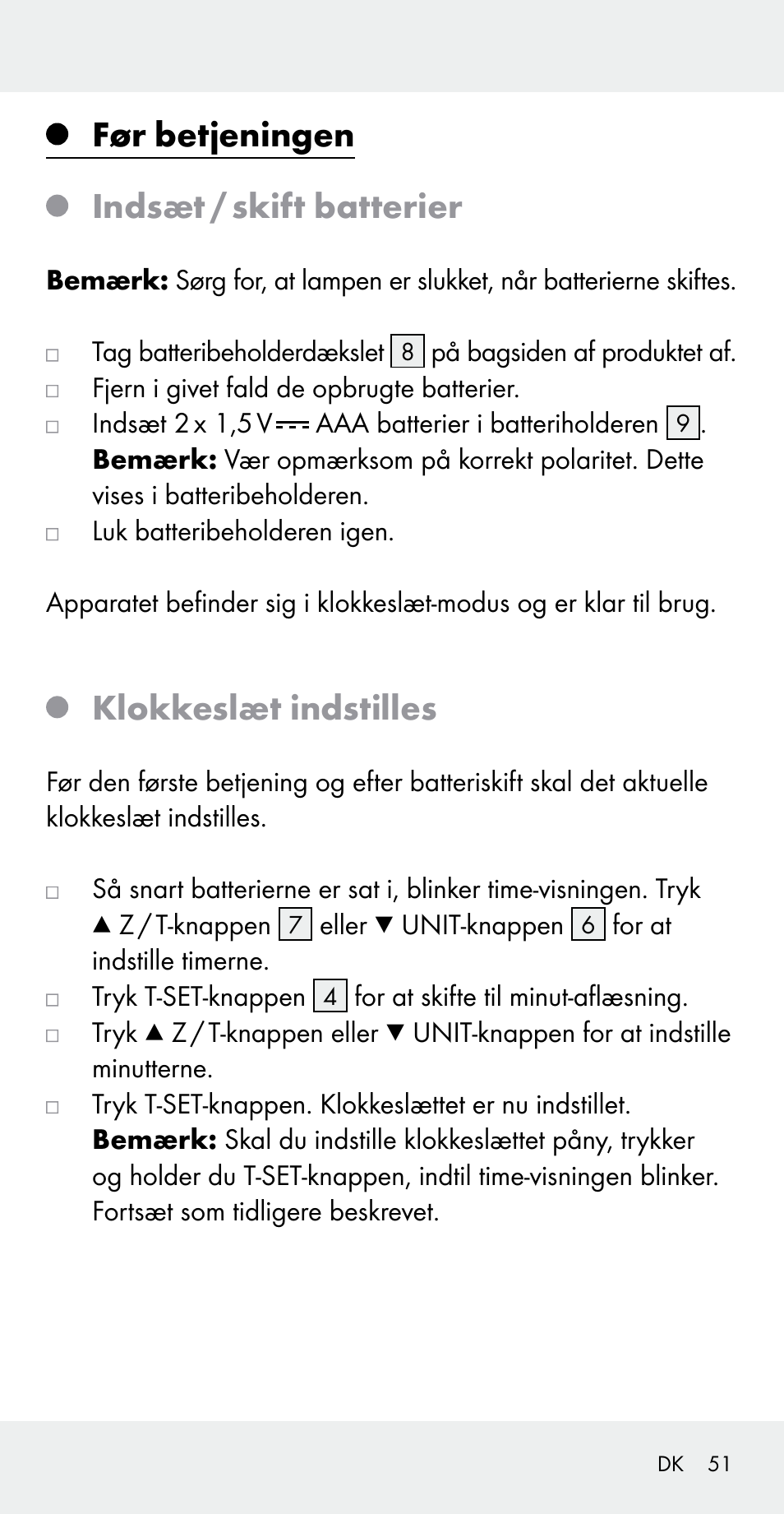 Før betjeningen indsæt / skift batterier, Klokkeslæt indstilles | Silvercrest Z31183 User Manual | Page 51 / 103