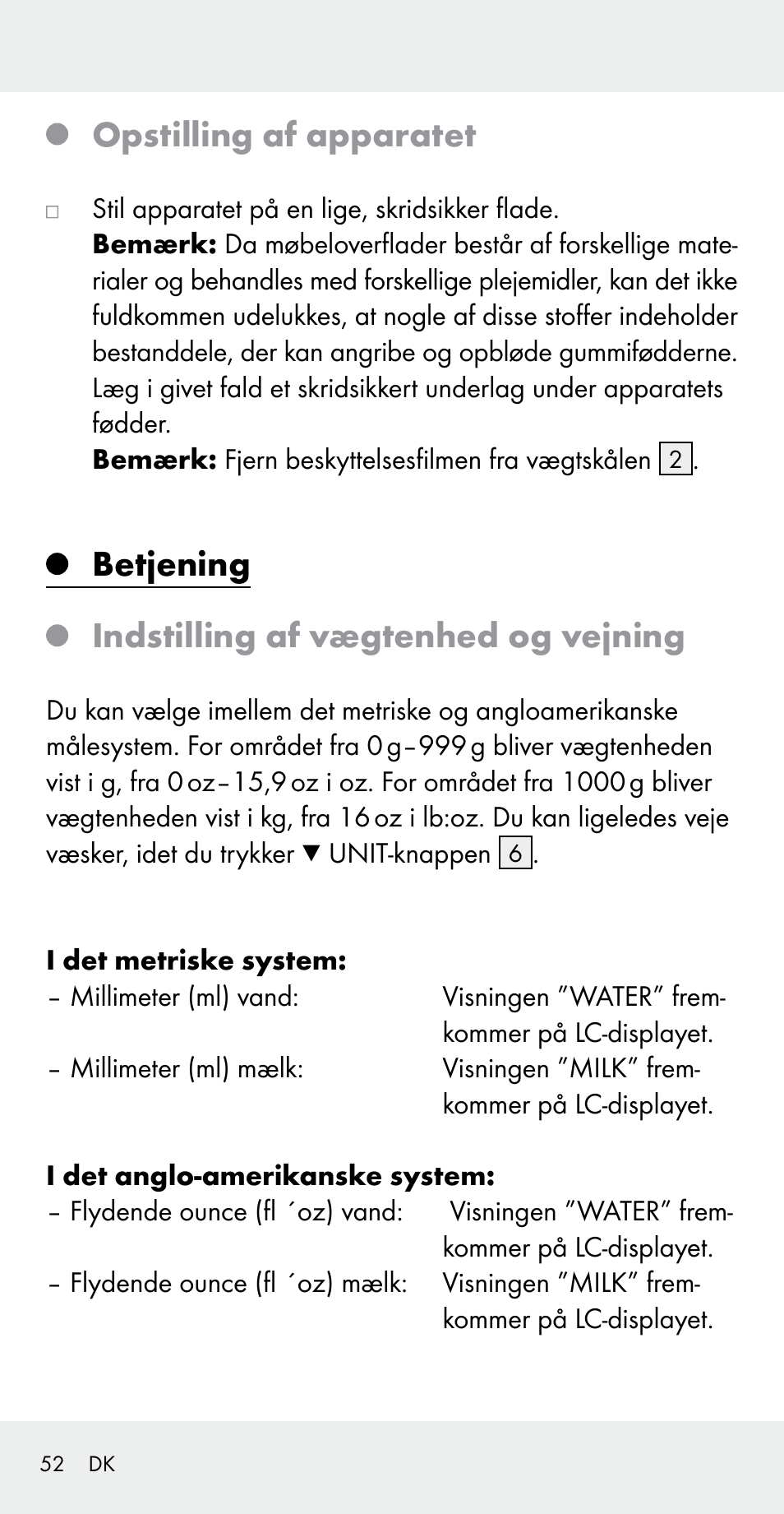 Opstilling af apparatet, Betjening indstilling af vægtenhed og vejning | Silvercrest Z31183 User Manual | Page 52 / 103