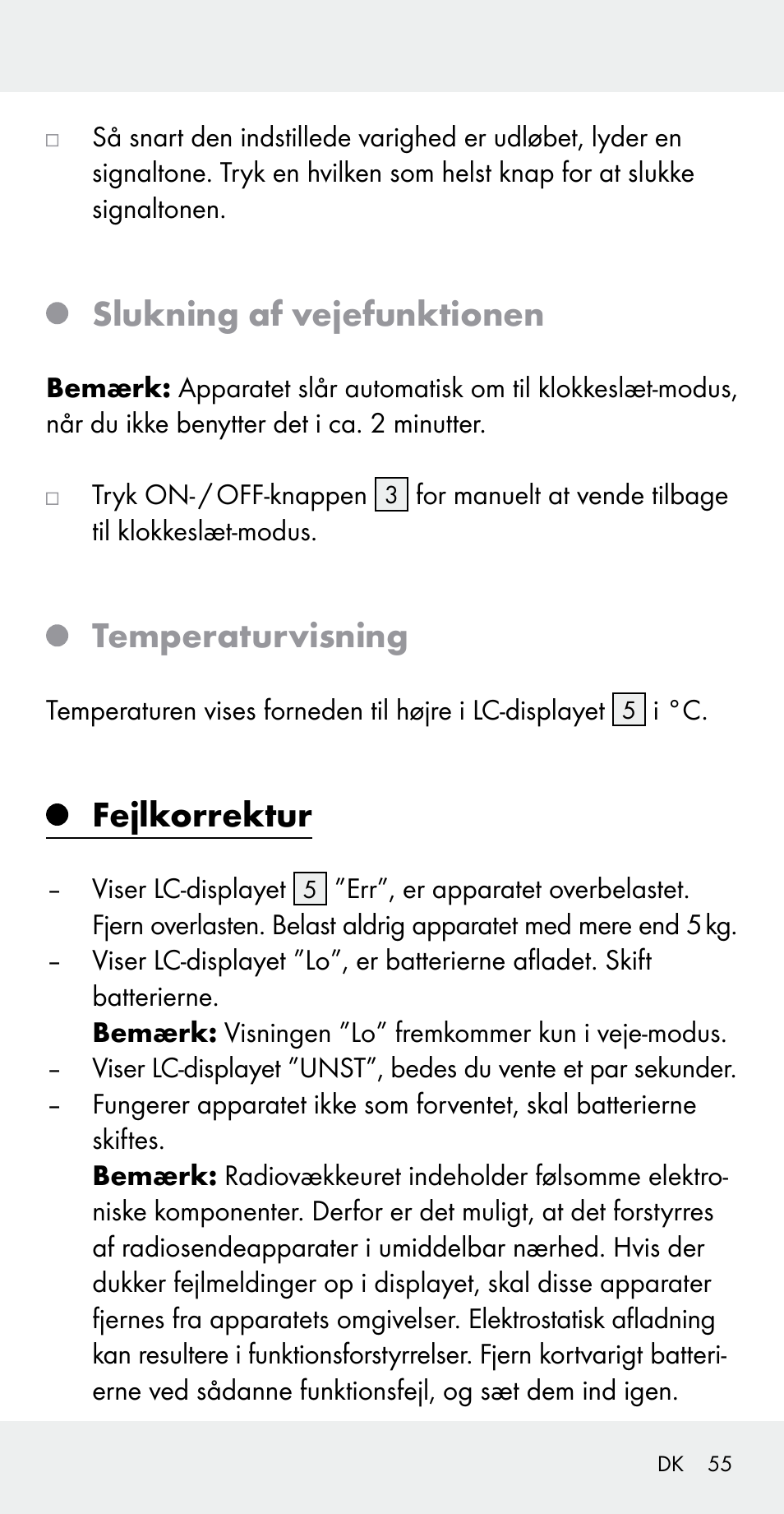 Slukning af vejefunktionen, Temperaturvisning, Fejlkorrektur | Silvercrest Z31183 User Manual | Page 55 / 103