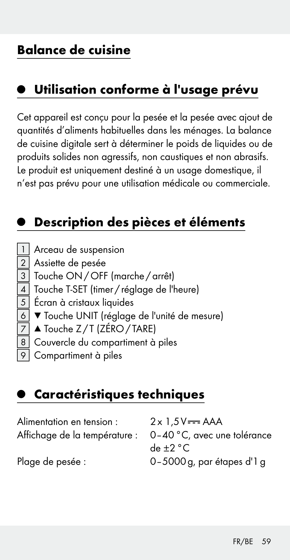 Description des pièces et éléments, Caractéristiques techniques | Silvercrest Z31183 User Manual | Page 59 / 103