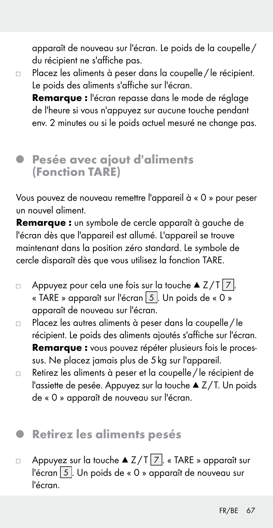 Pesée avec ajout d'aliments (fonction tare), Retirez les aliments pesés | Silvercrest Z31183 User Manual | Page 67 / 103