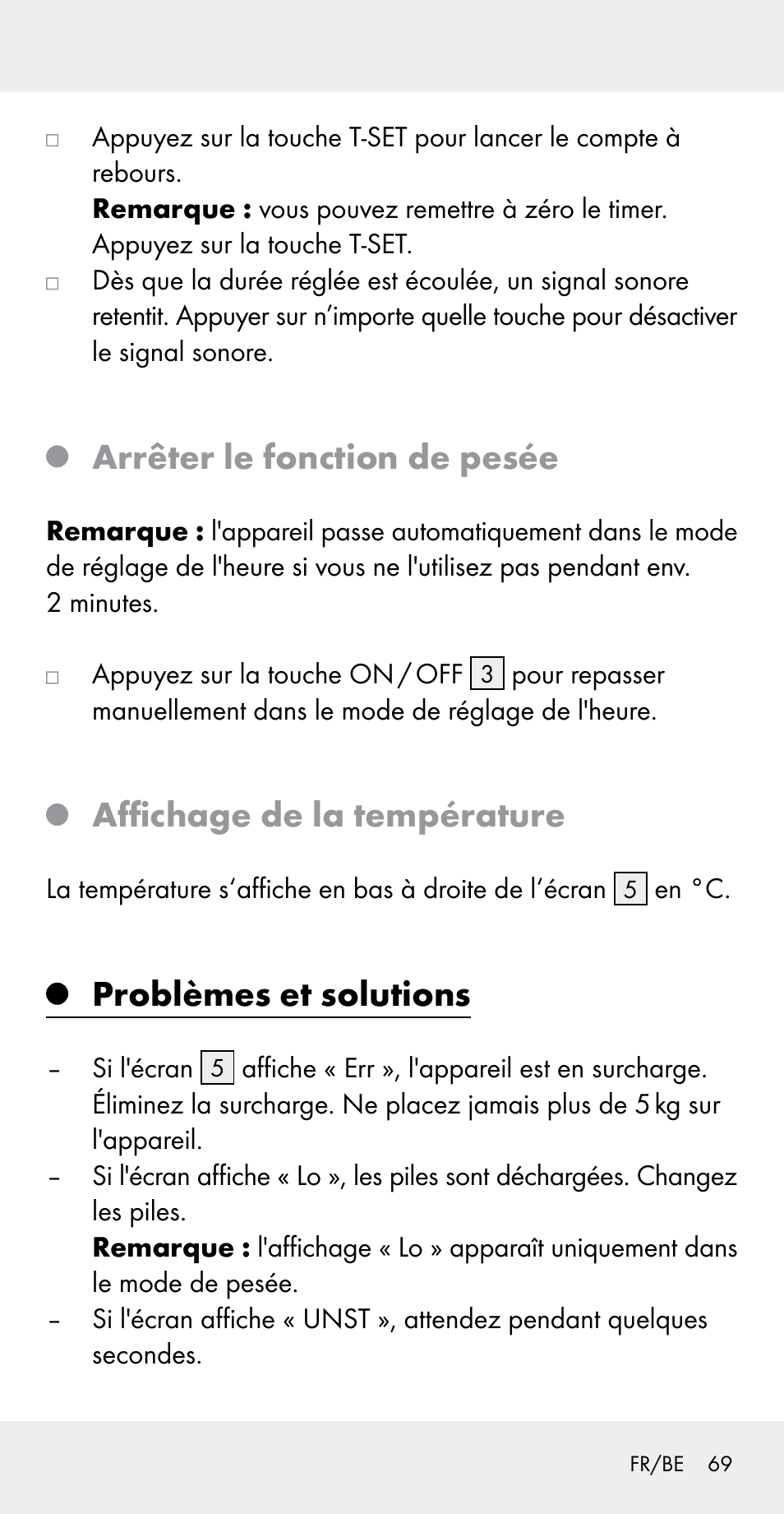 Arrêter le fonction de pesée, Affichage de la température, Problèmes et solutions | Silvercrest Z31183 User Manual | Page 69 / 103