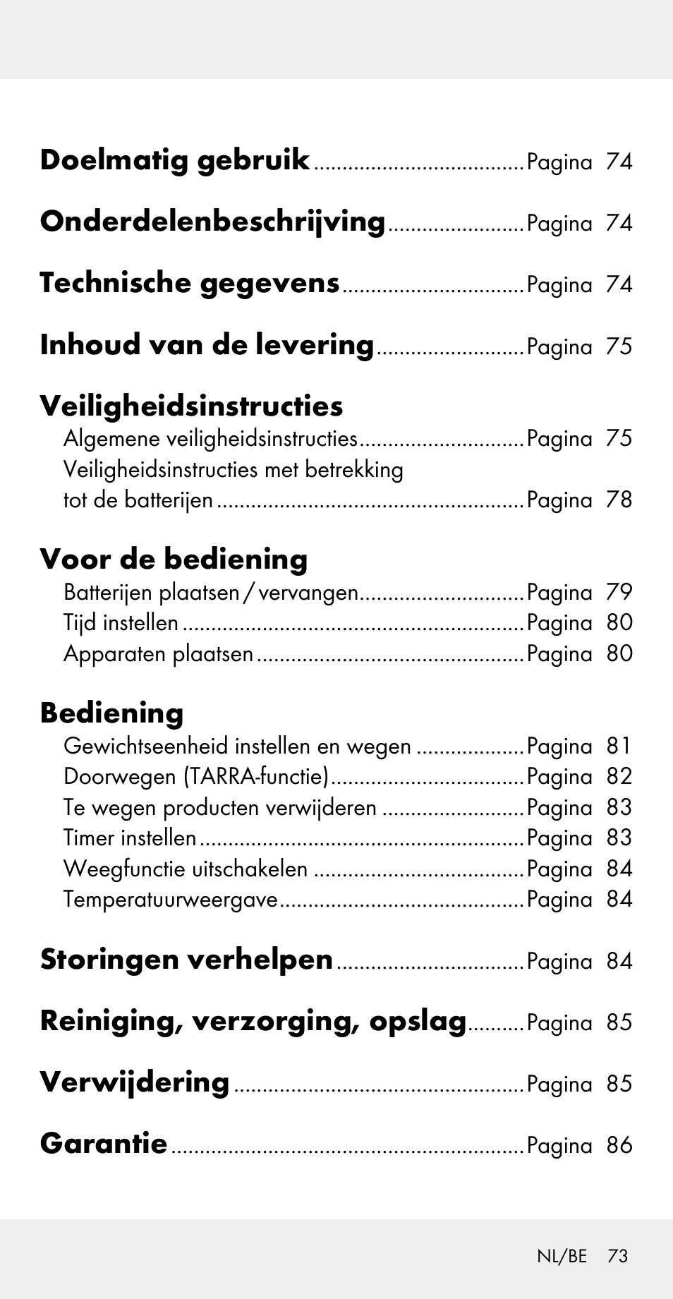 Doelmatig gebruik, Onderdelenbeschrijving, Technische gegevens | Inhoud van de levering, Veiligheidsinstructies, Voor de bediening, Bediening, Storingen verhelpen, Reiniging, verzorging, opslag, Verwijdering | Silvercrest Z31183 User Manual | Page 73 / 103