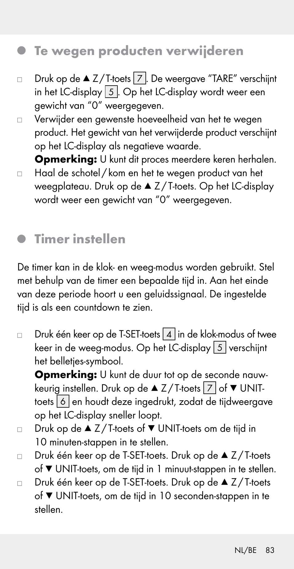 Te wegen producten verwijderen, Timer instellen | Silvercrest Z31183 User Manual | Page 83 / 103