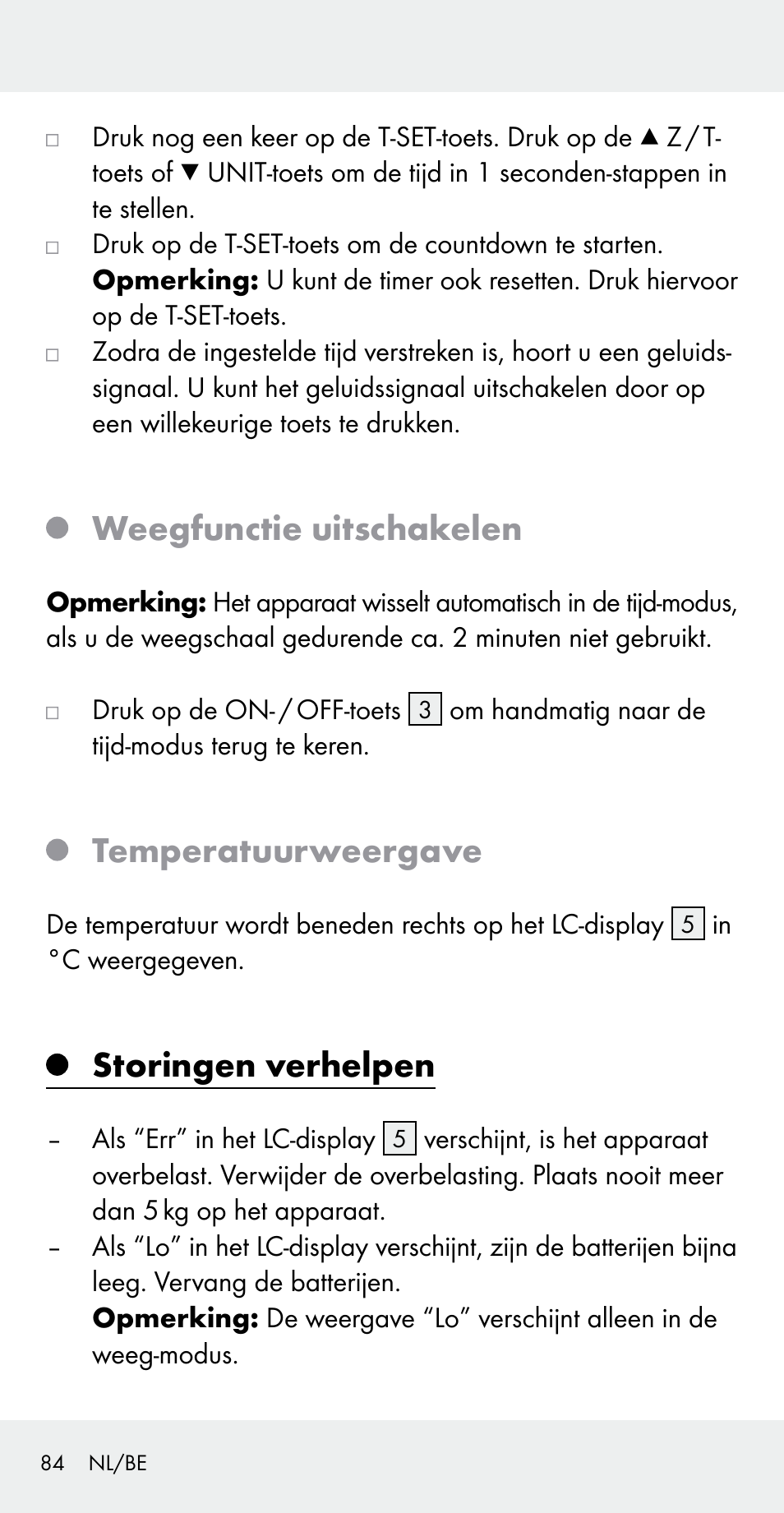 Weegfunctie uitschakelen, Temperatuurweergave, Storingen verhelpen | Silvercrest Z31183 User Manual | Page 84 / 103