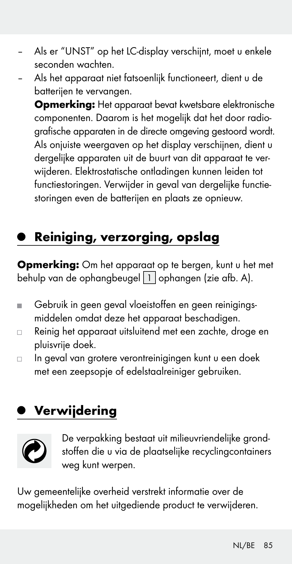 Reiniging, verzorging, opslag, Verwijdering | Silvercrest Z31183 User Manual | Page 85 / 103
