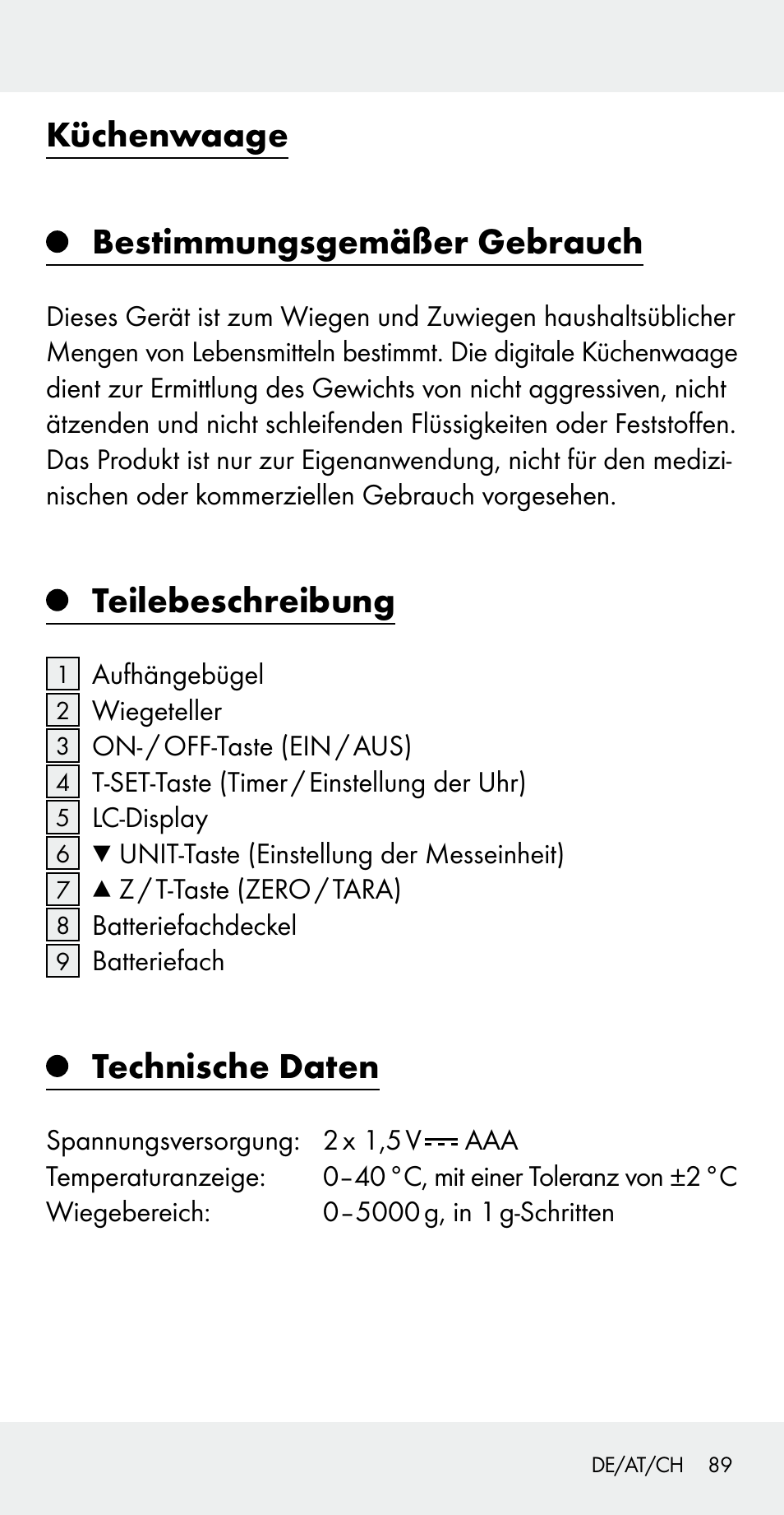 Küchenwaage bestimmungsgemäßer gebrauch, Teilebeschreibung, Technische daten | Silvercrest Z31183 User Manual | Page 89 / 103