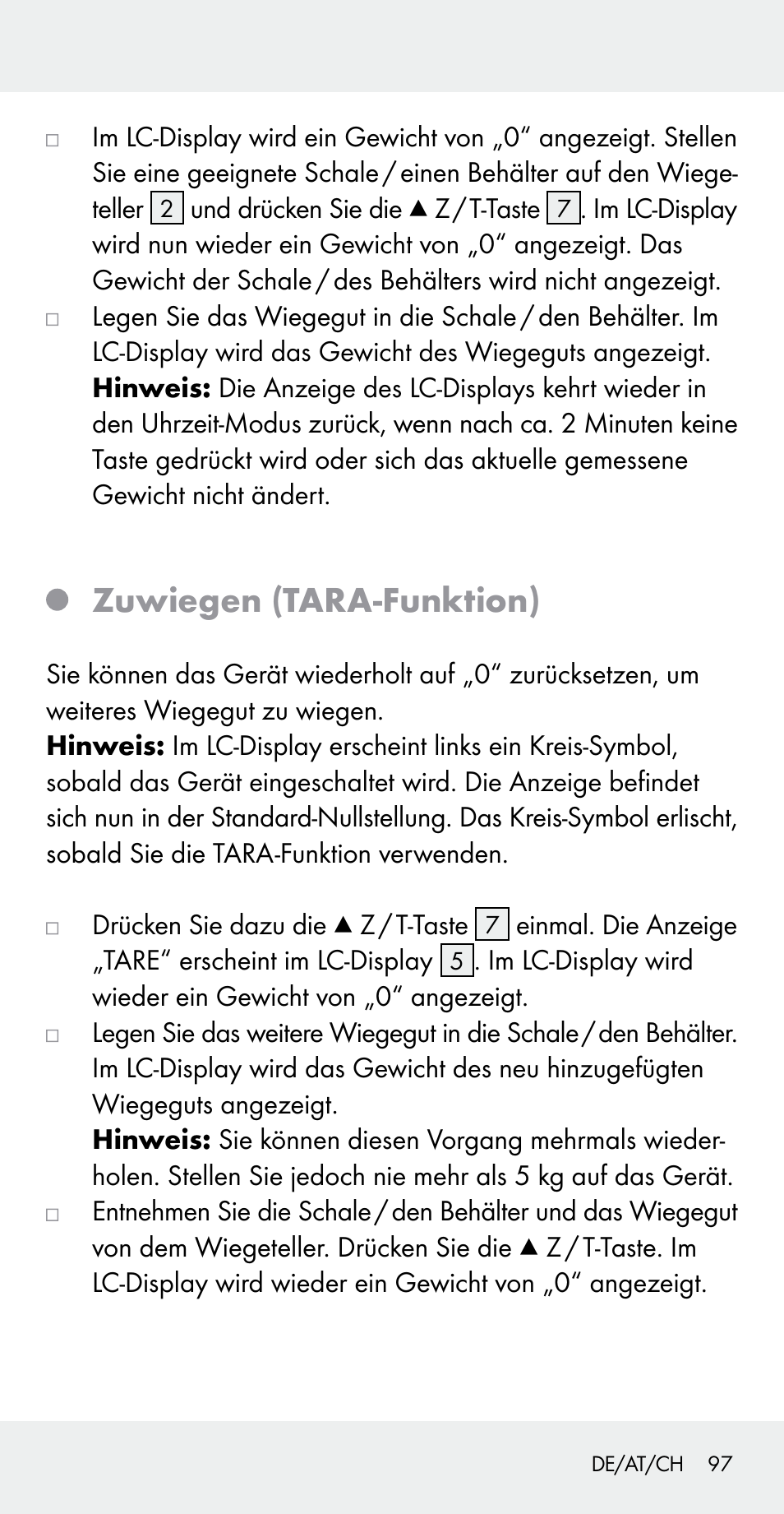 Zuwiegen (tara-funktion) | Silvercrest Z31183 User Manual | Page 97 / 103