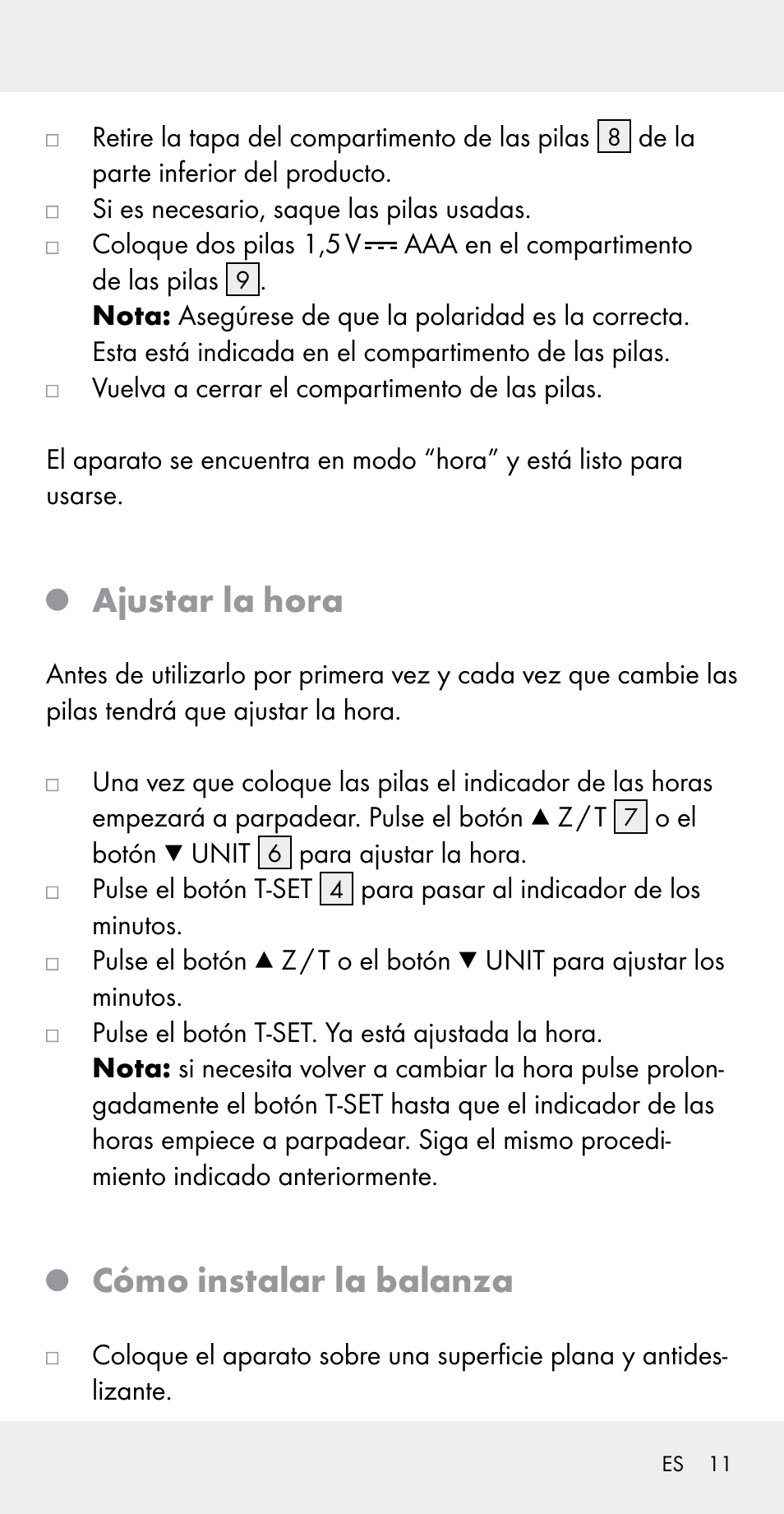 Ajustar la hora, Cómo instalar la balanza | Silvercrest Z31183 User Manual | Page 11 / 78