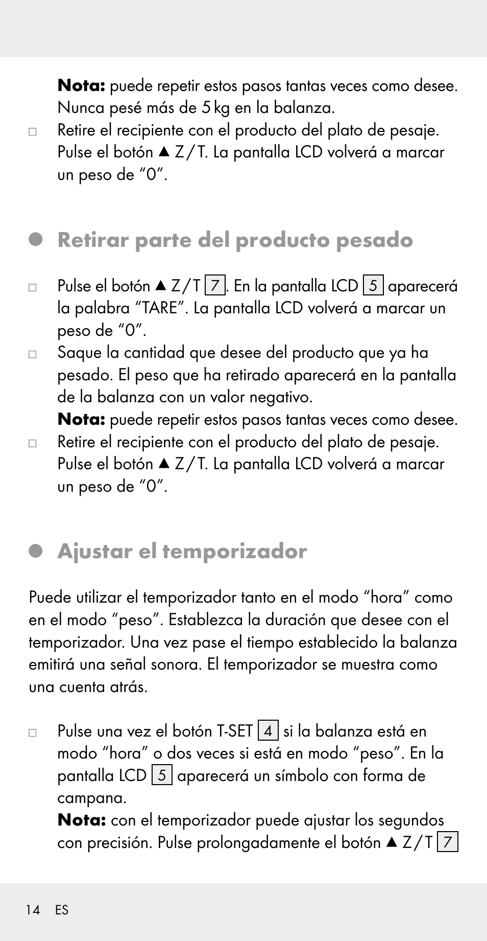 Retirar parte del producto pesado, Ajustar el temporizador | Silvercrest Z31183 User Manual | Page 14 / 78