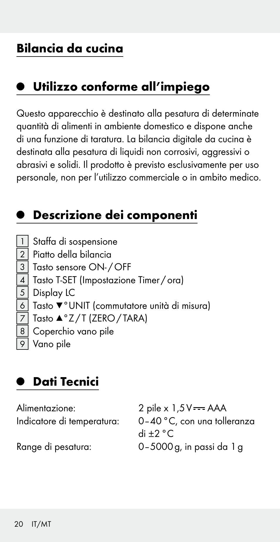 Bilancia da cucina utilizzo conforme all’impiego, Descrizione dei componenti, Dati tecnici | Silvercrest Z31183 User Manual | Page 20 / 78