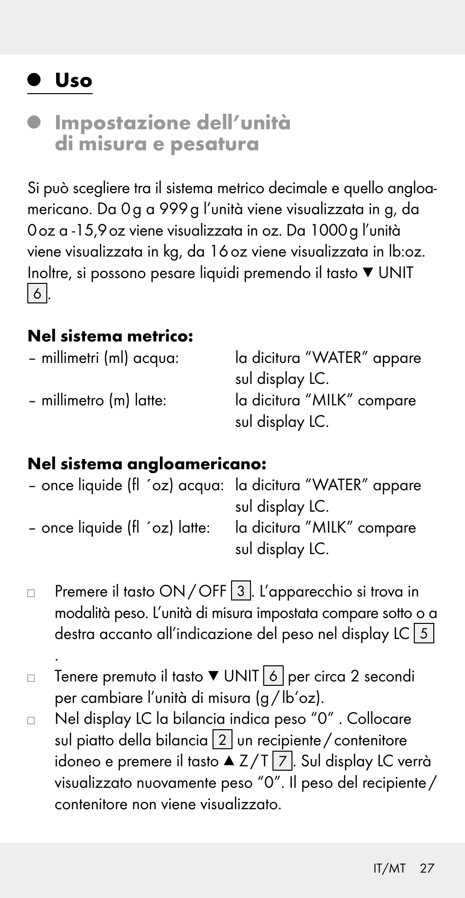 Uso impostazione dell’unità di misura e pesatura | Silvercrest Z31183 User Manual | Page 27 / 78
