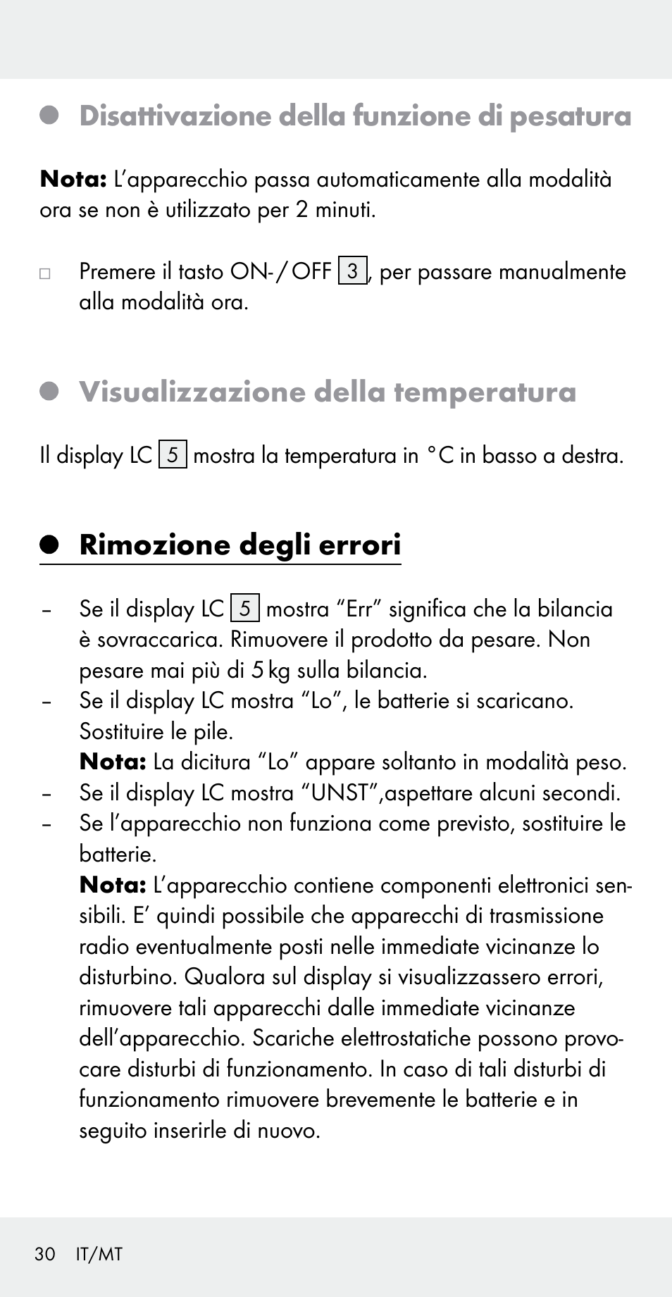 Disattivazione della funzione di pesatura, Visualizzazione della temperatura, Rimozione degli errori | Silvercrest Z31183 User Manual | Page 30 / 78