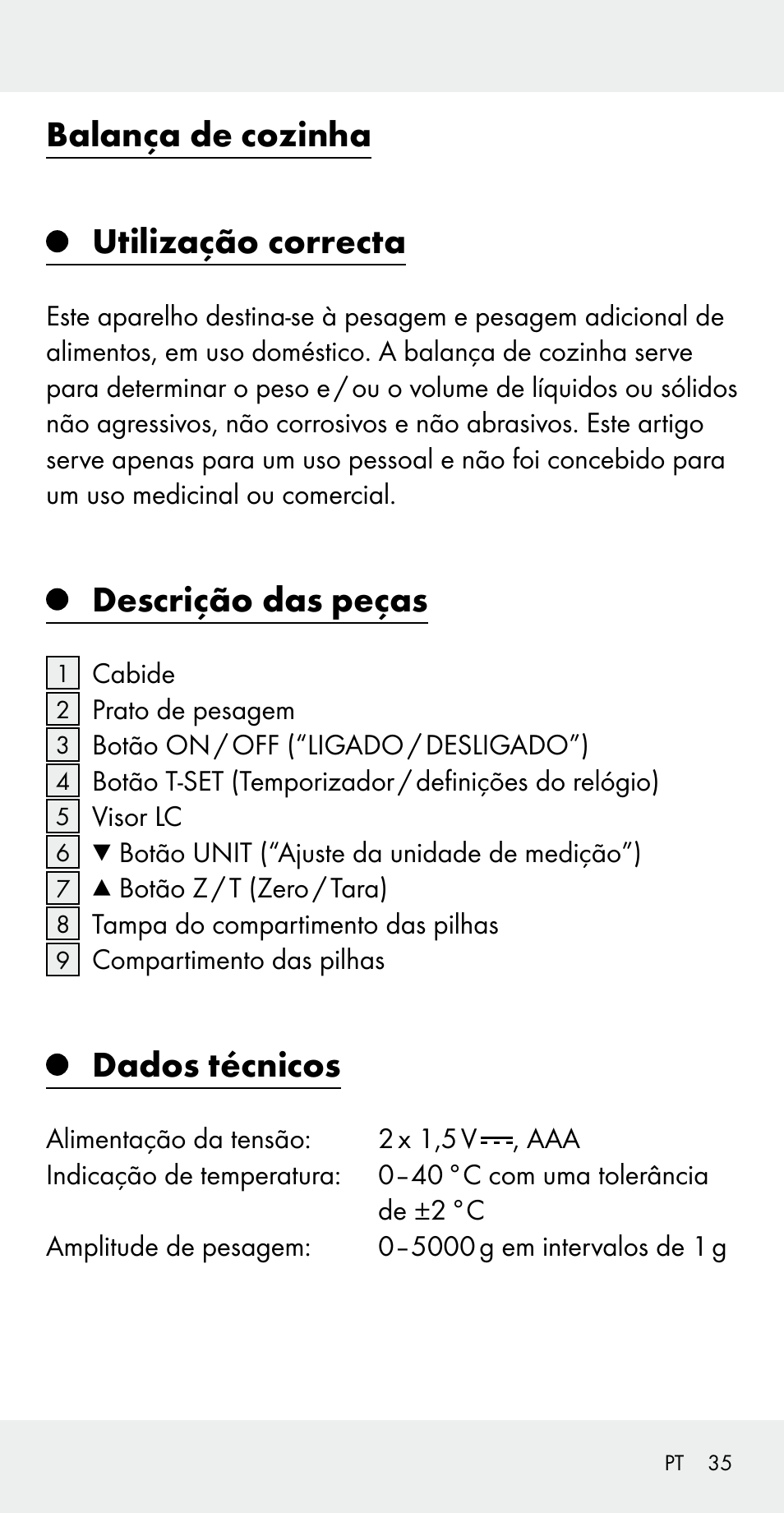 Balança de cozinha utilização correcta, Descrição das peças, Dados técnicos | Silvercrest Z31183 User Manual | Page 35 / 78